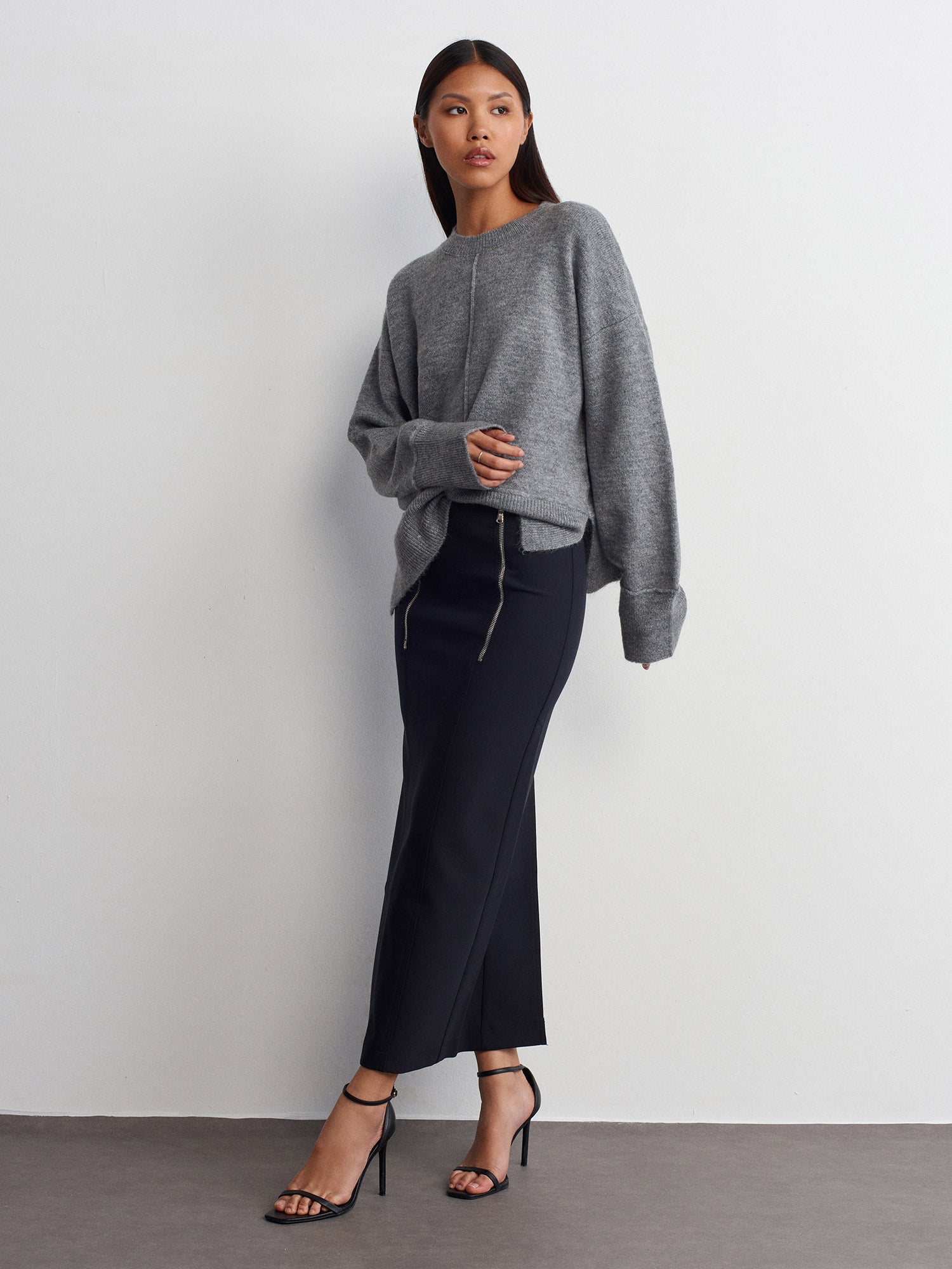 Gray Crew Neck Slit Detailed Knitwear Sweater