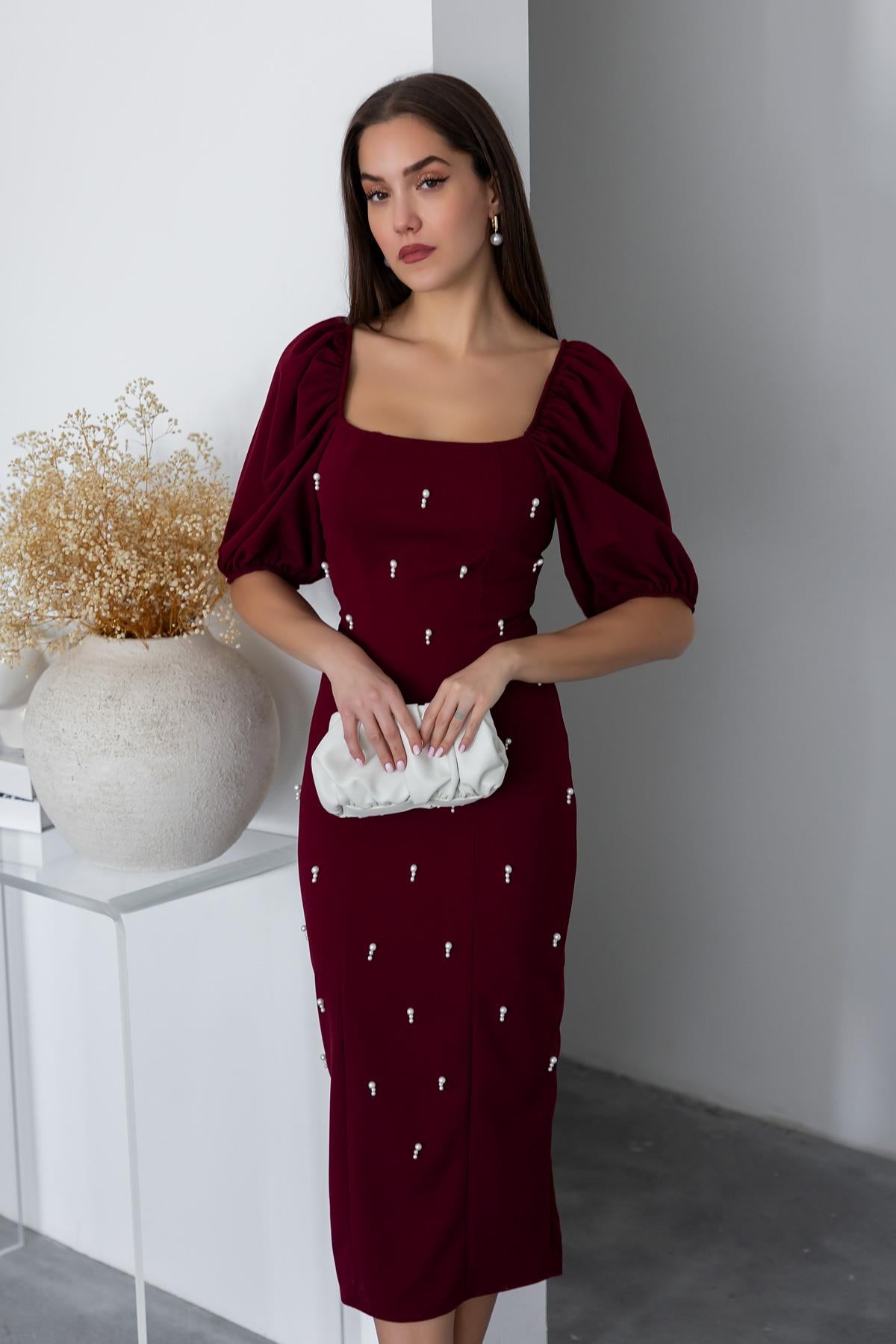 Pearl Balloon Sleeve Dress - CLARET RED