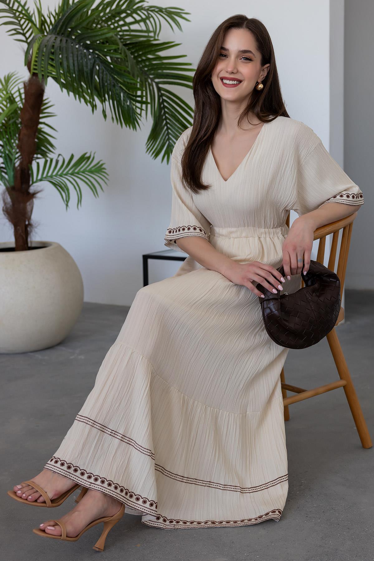 Embroidered Detailed Flared Dress - BEIGE
