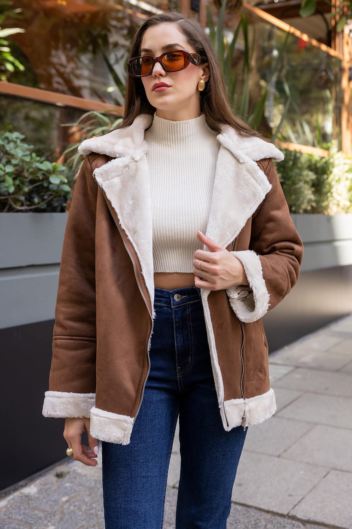 Suede Coat with Fur Inside - BROWN