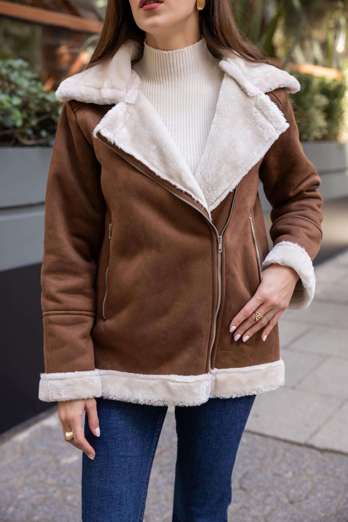 Suede Coat with Fur Inside - BROWN