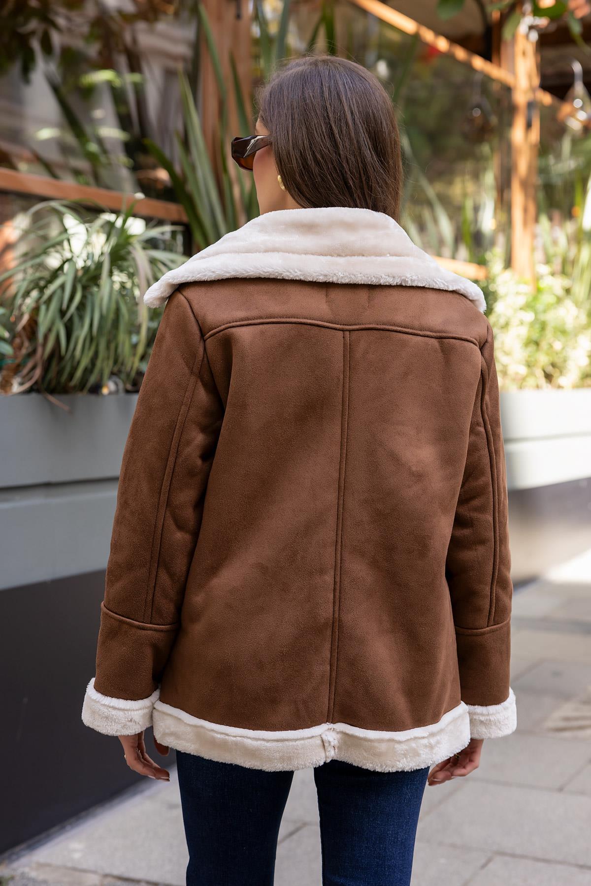 Suede Coat with Fur Inside - BROWN