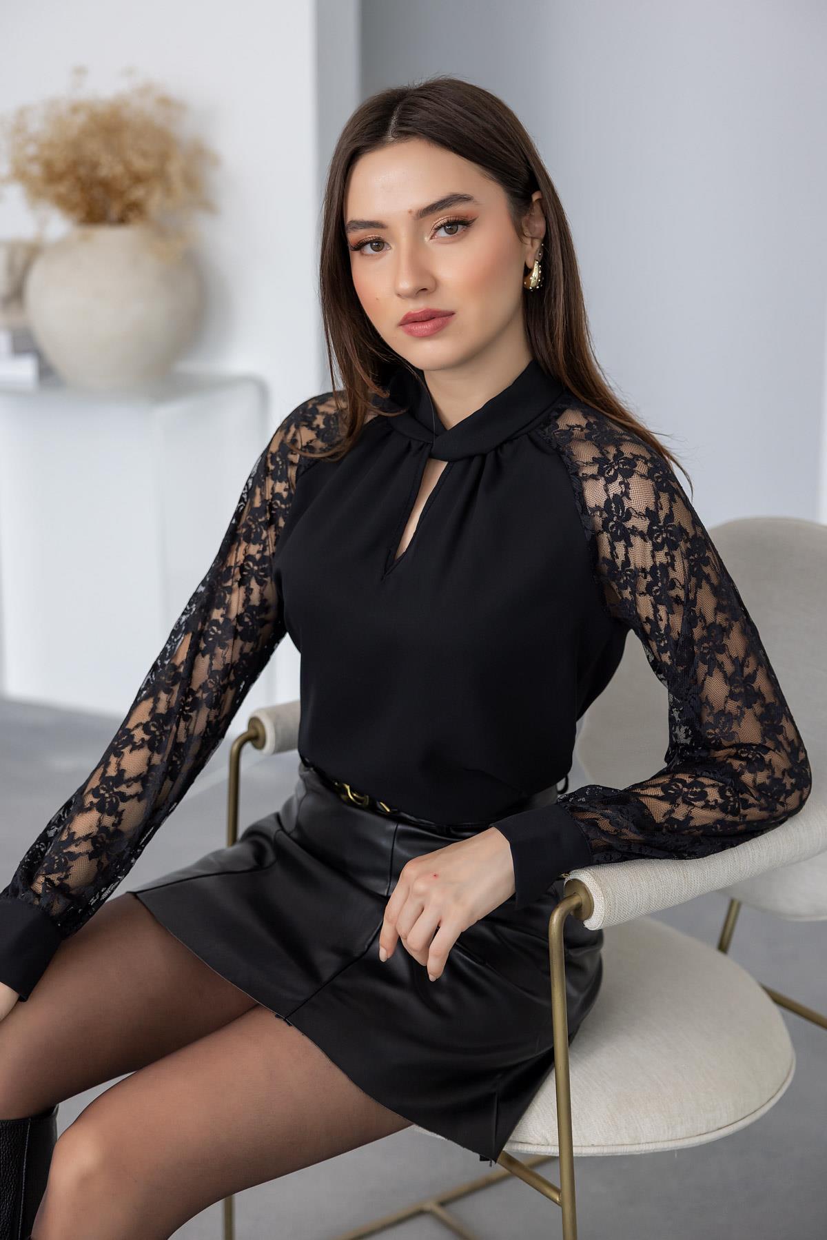 Lace Sleeve Detail Blouse - BLACK