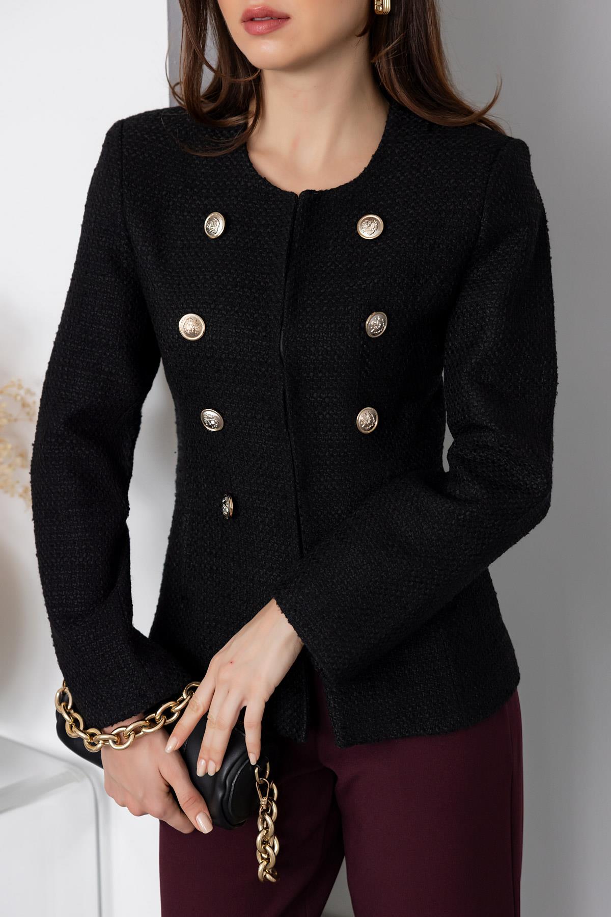 Button Detailed Tweed Jacket - BLACK