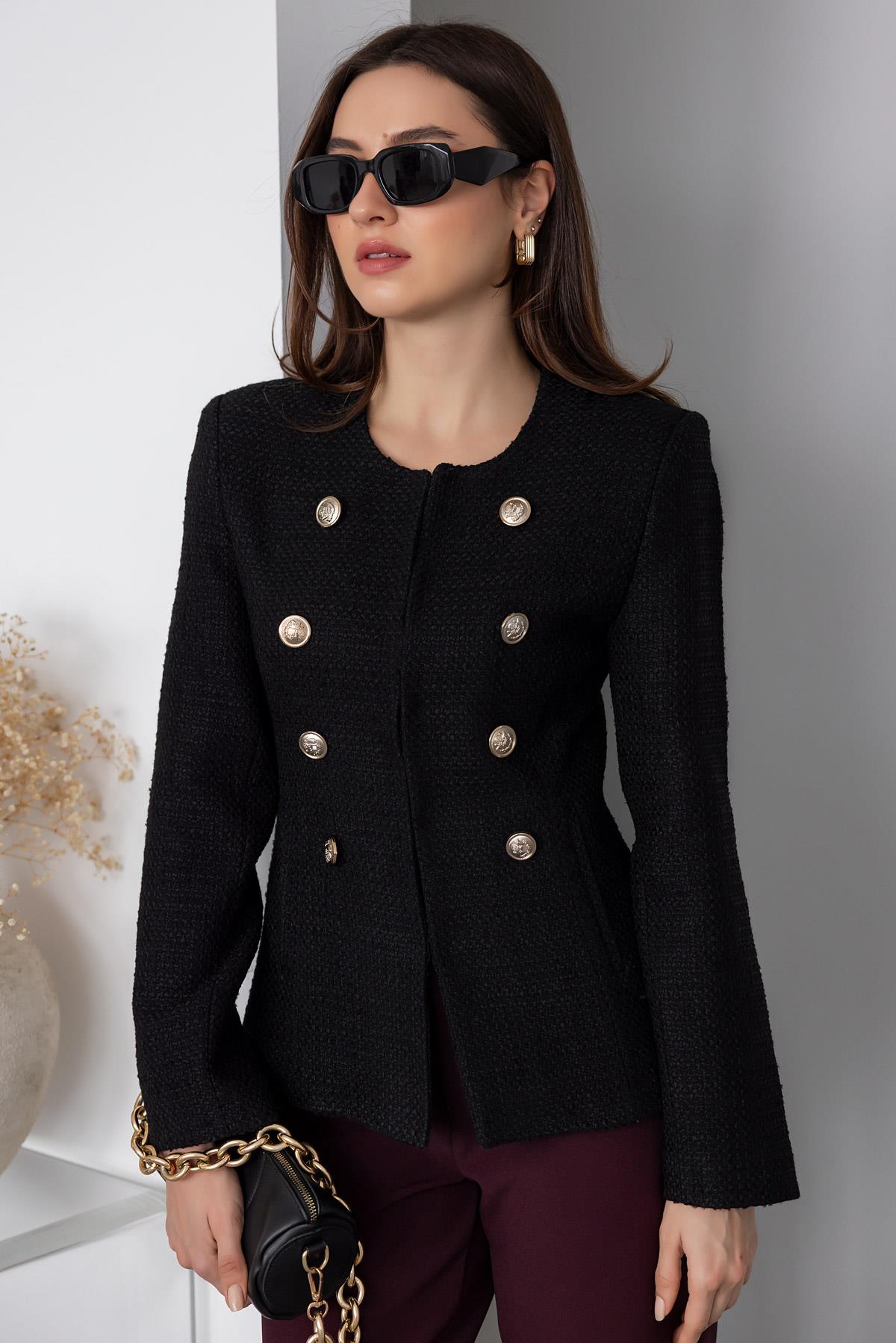 Button Detailed Tweed Jacket - BLACK