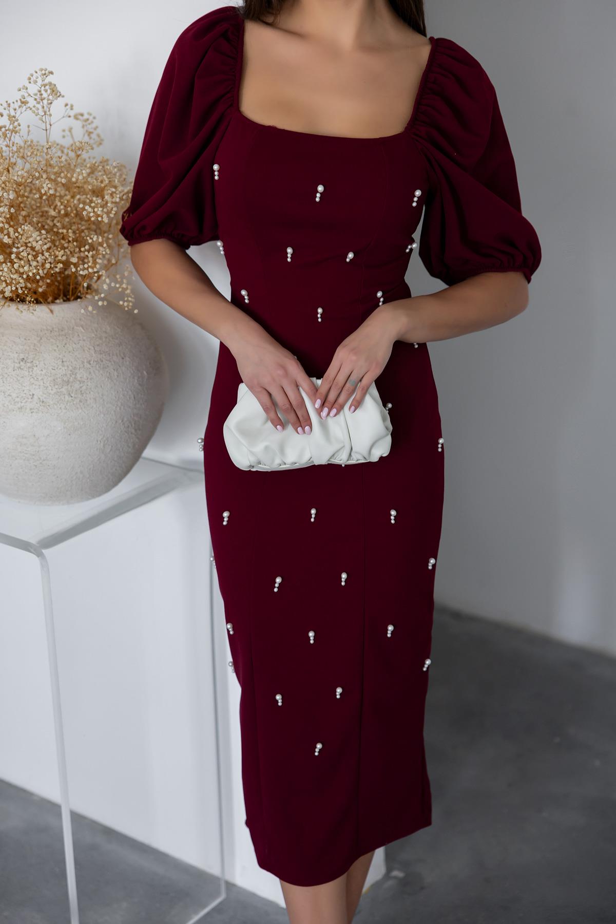 Pearl Balloon Sleeve Dress - CLARET RED