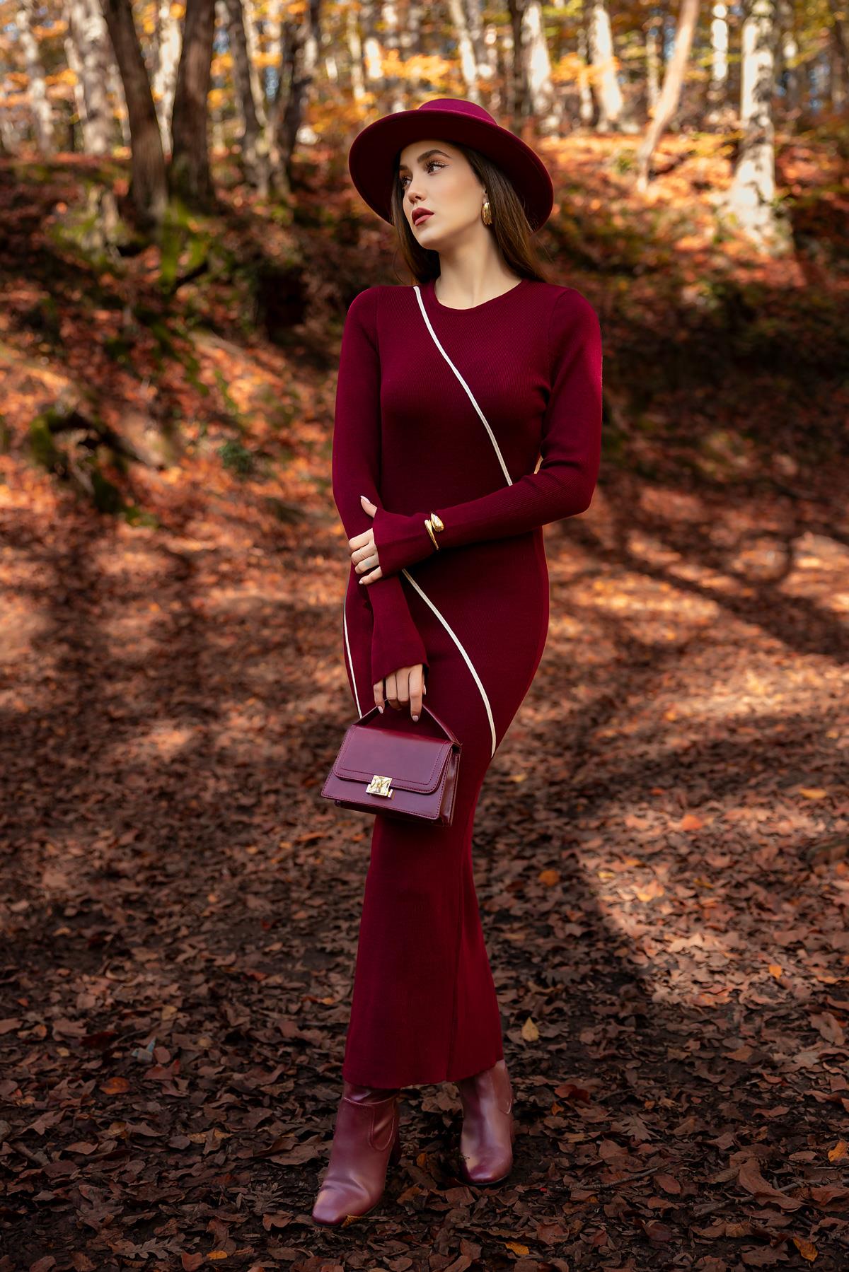 Striped Long Knit Dress - CLARET RED