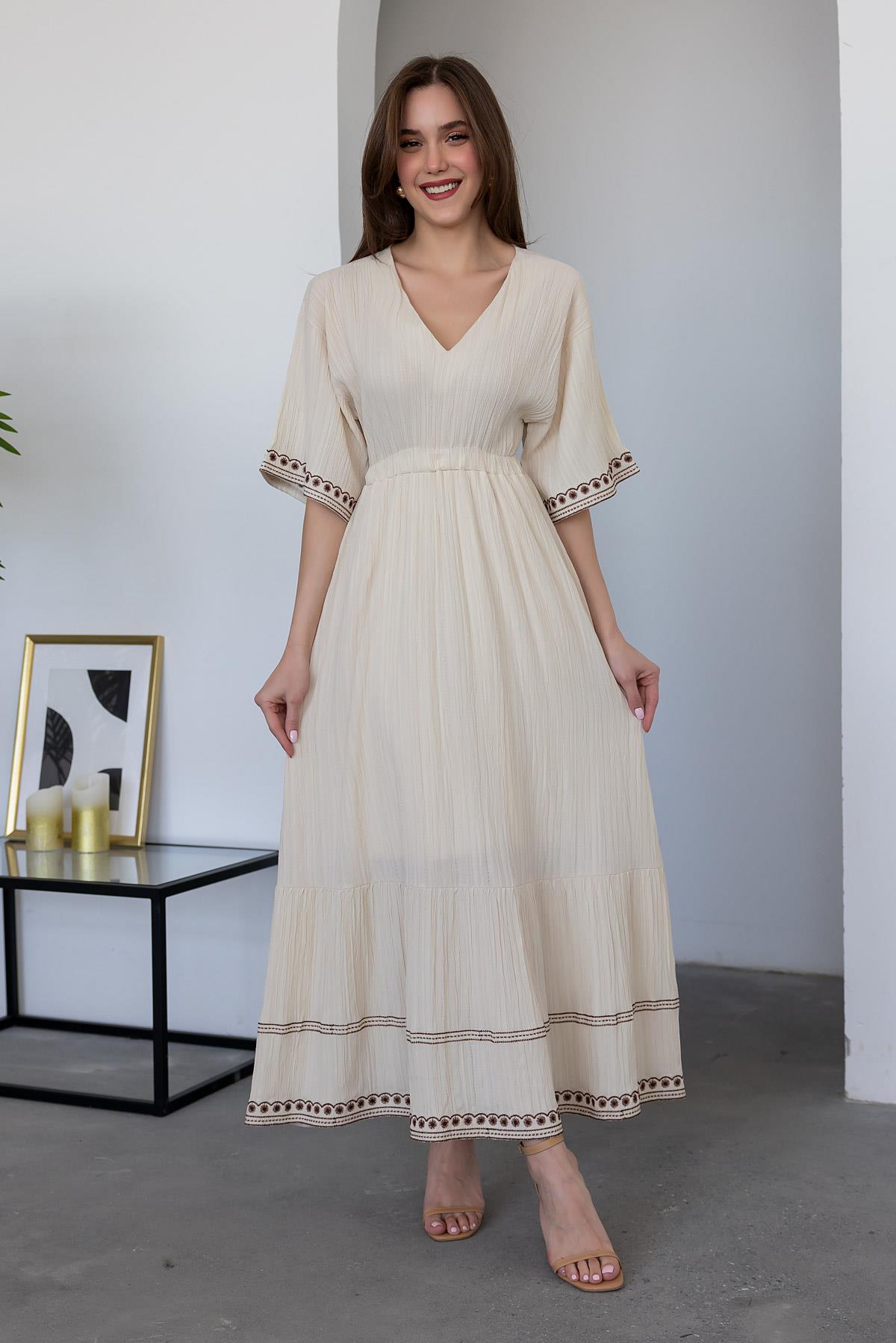 Embroidered Detailed Flared Dress - BEIGE