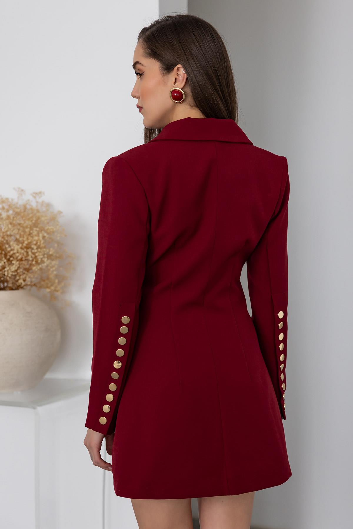 Gold Buttoned Jacket Dress - CLARET Red