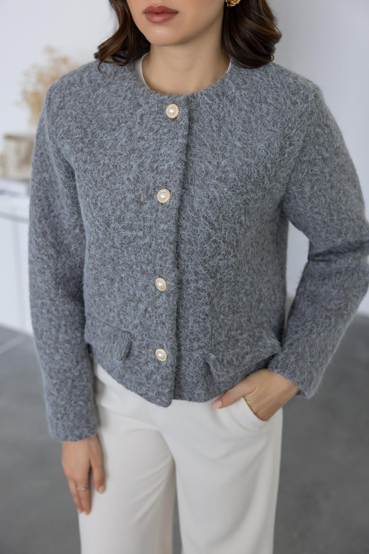 Pearl Buttoned Cashmere Jacket - GRAY