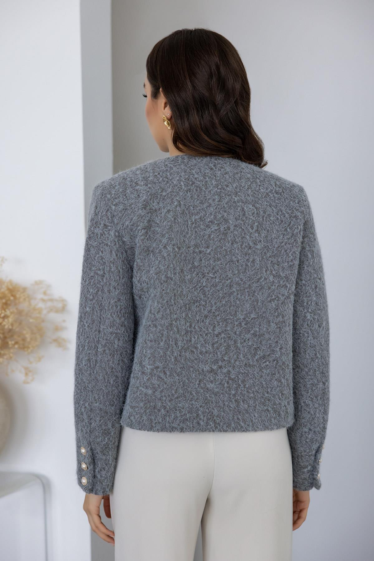 Pearl Buttoned Cashmere Jacket - GRAY