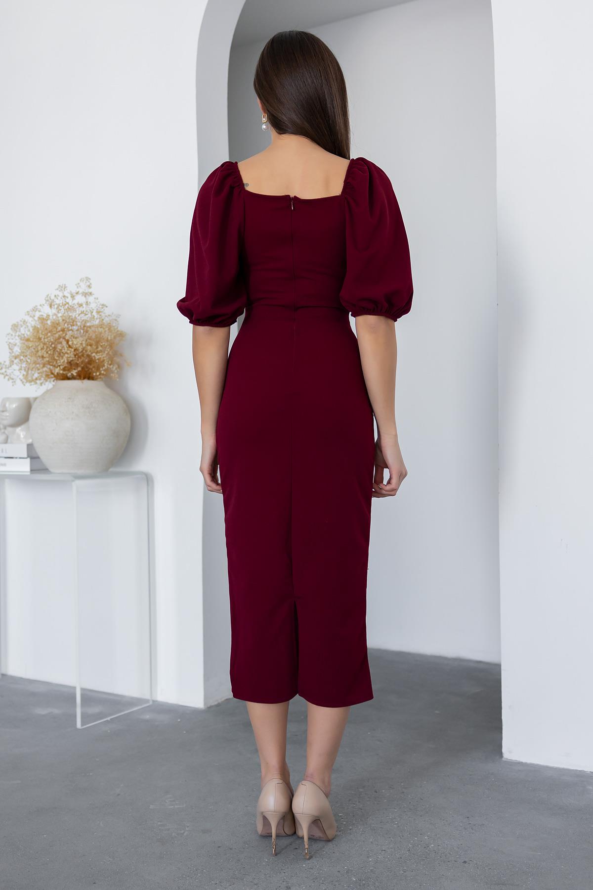 Pearl Balloon Sleeve Dress - CLARET RED