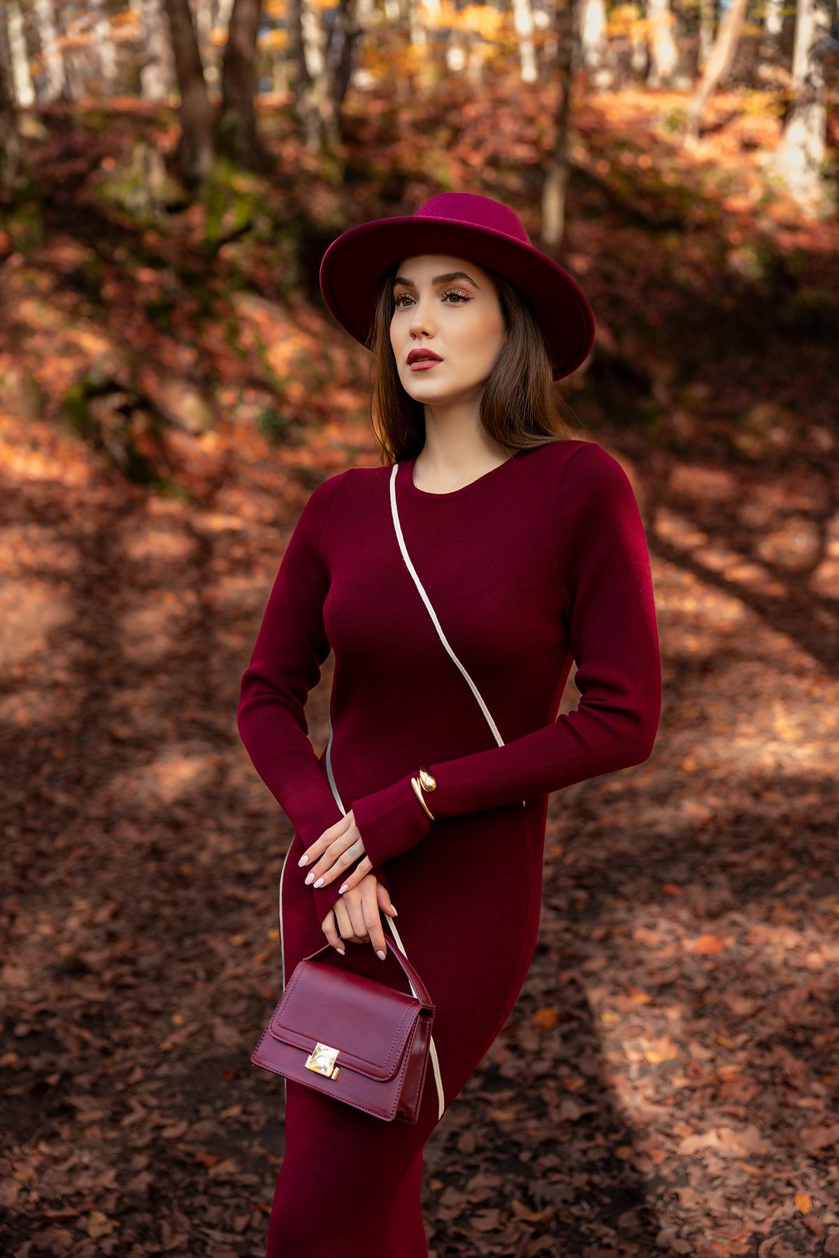 Striped Long Knit Dress - CLARET RED