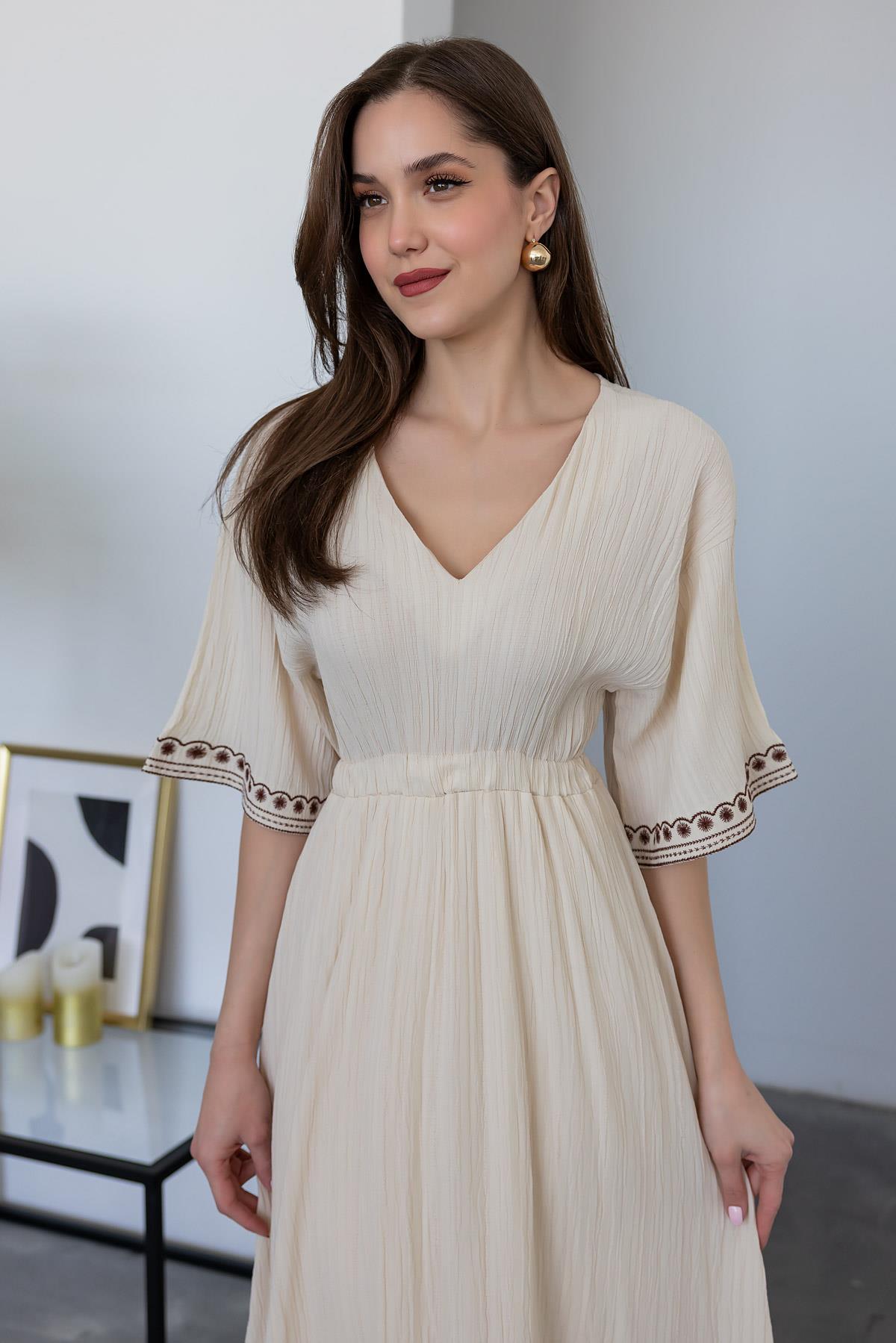 Embroidered Detailed Flared Dress - BEIGE