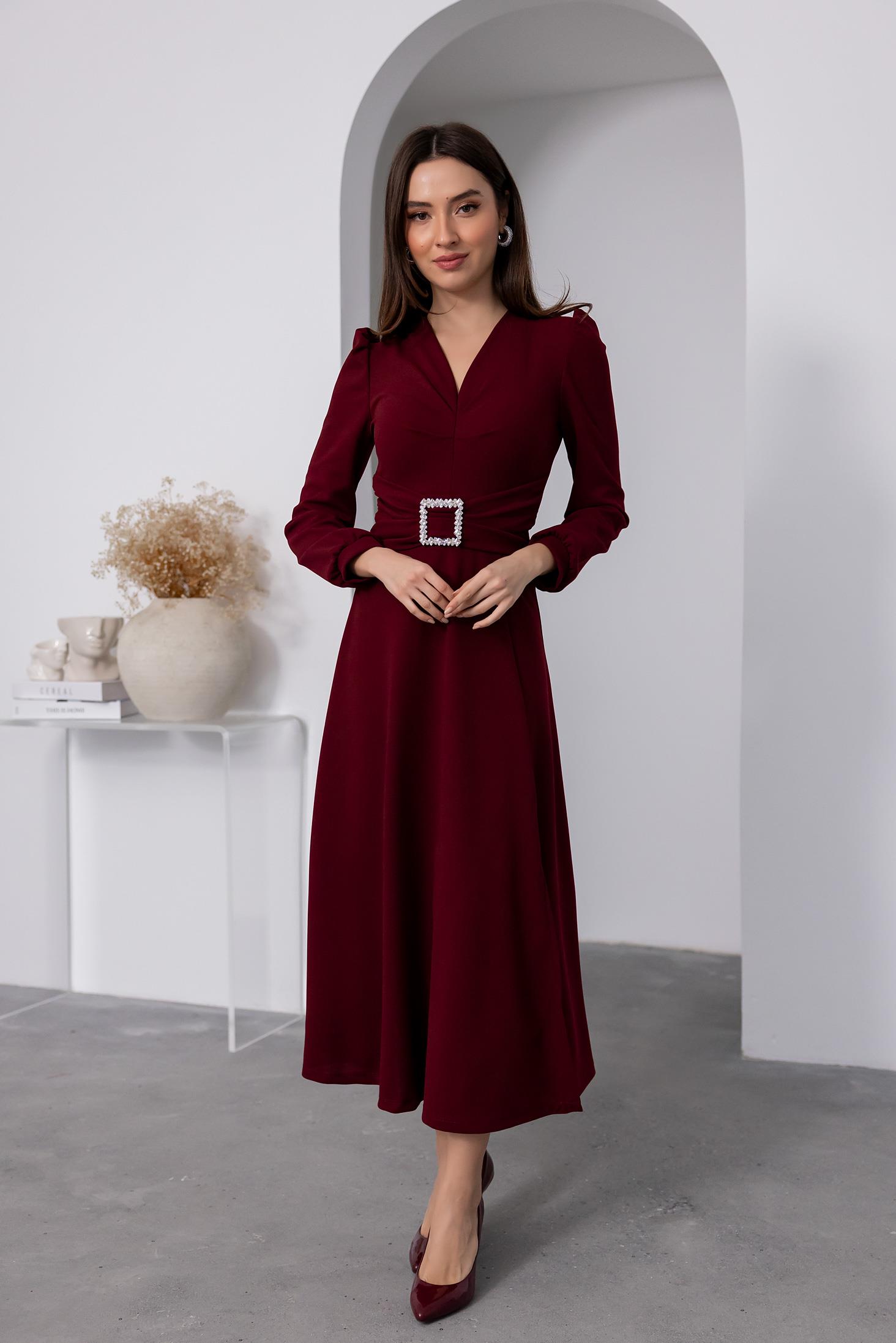 Waist Buckle Midi Dress - CLARET RED