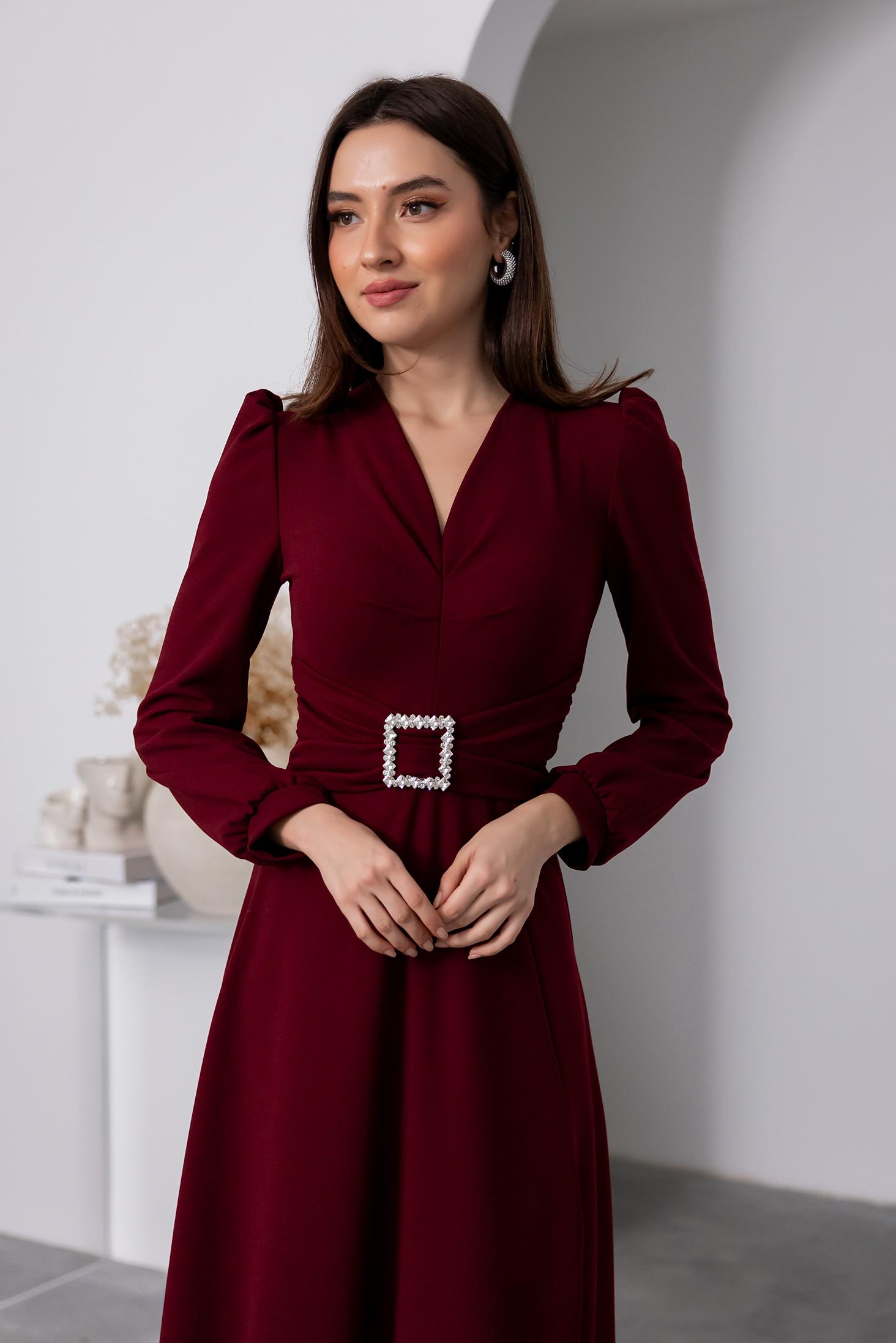 Waist Buckle Midi Dress - CLARET RED