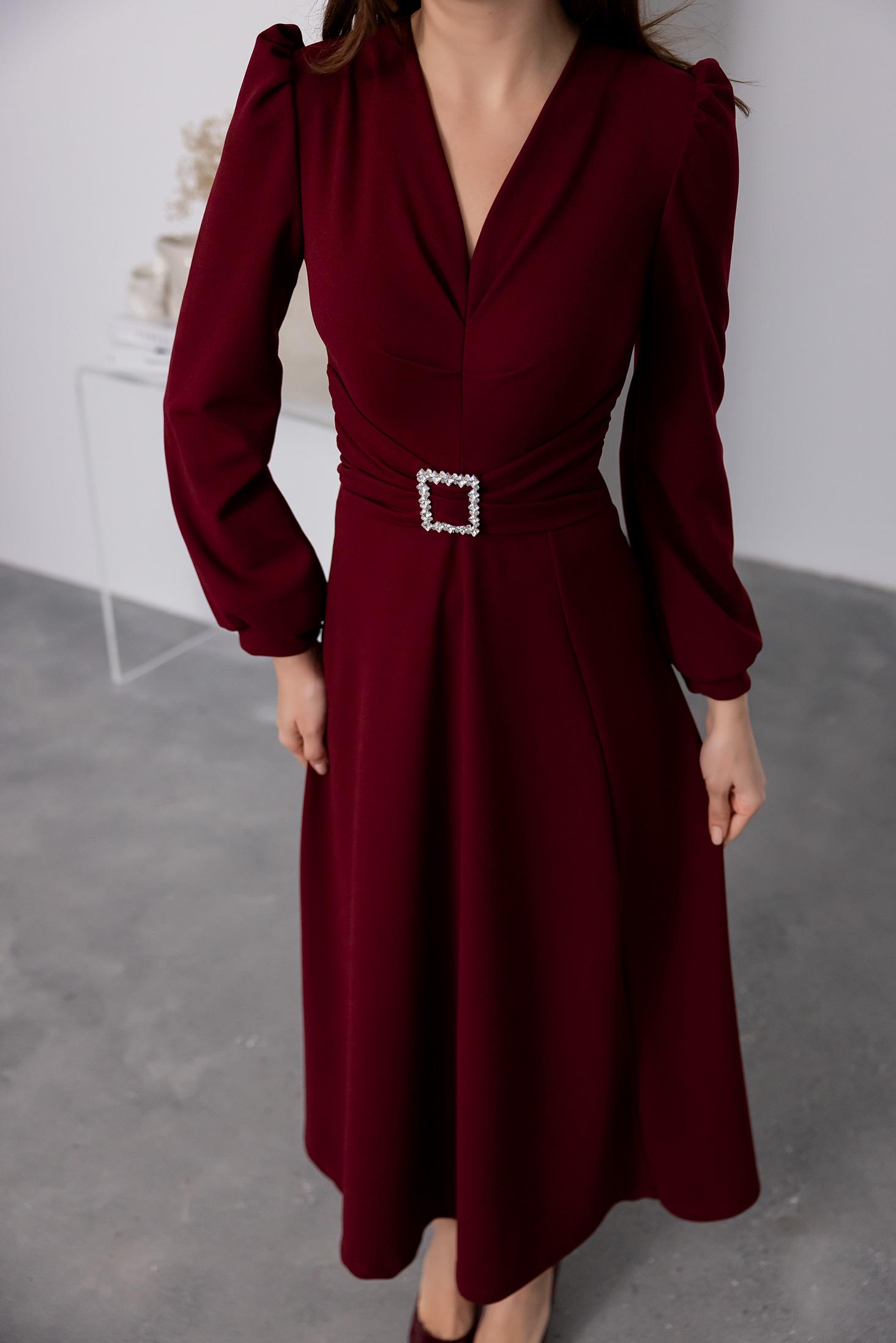 Waist Buckle Midi Dress - CLARET RED