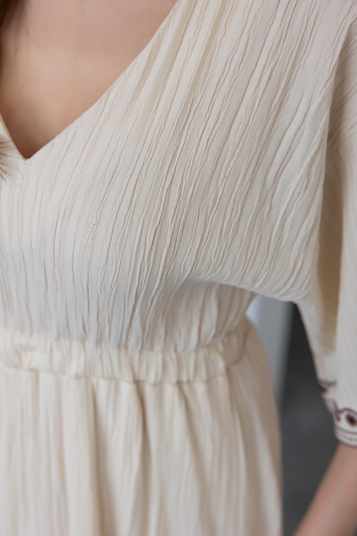 Embroidered Detailed Flared Dress - BEIGE