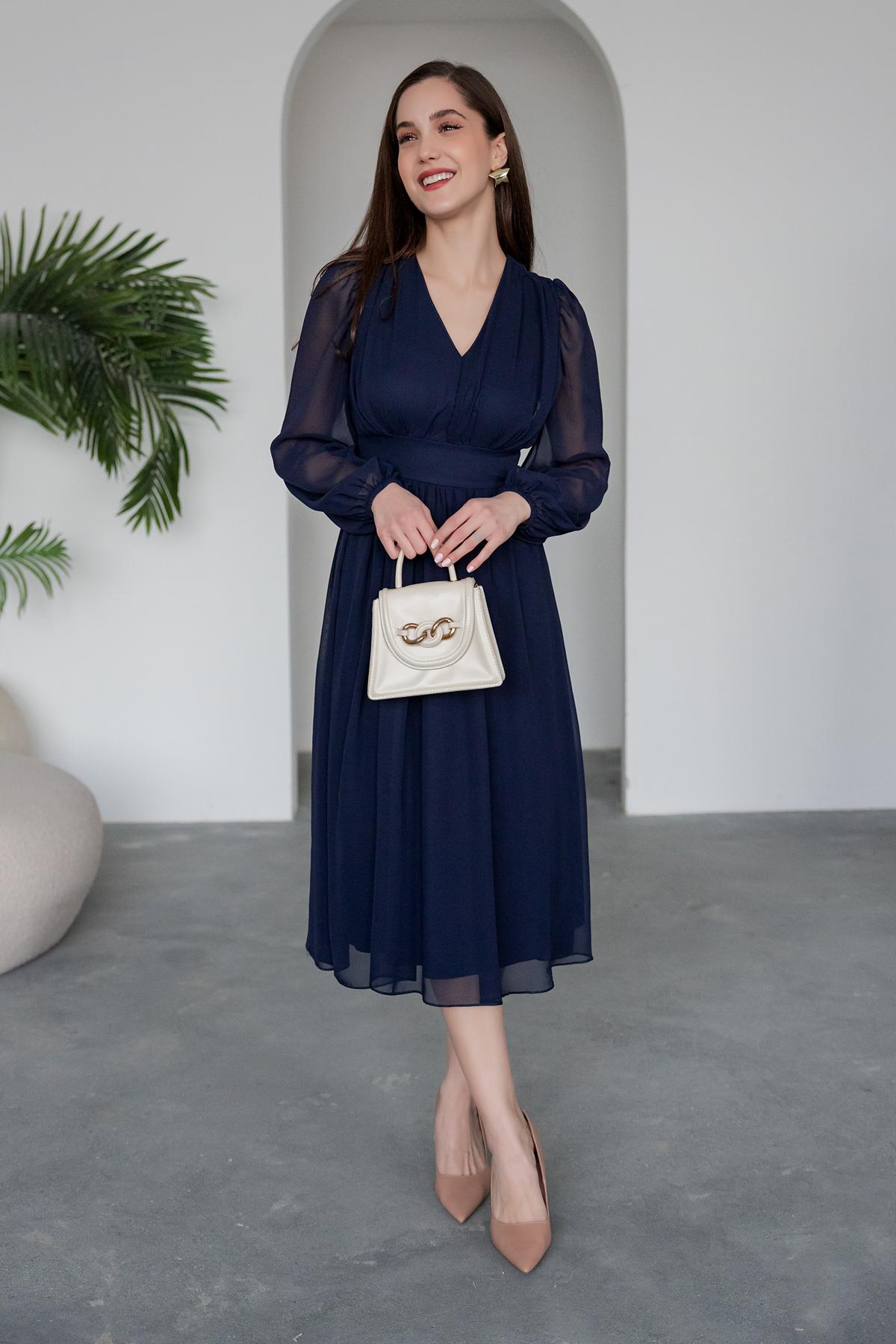 V Neck Chiffon Dress - NAVY BLUE