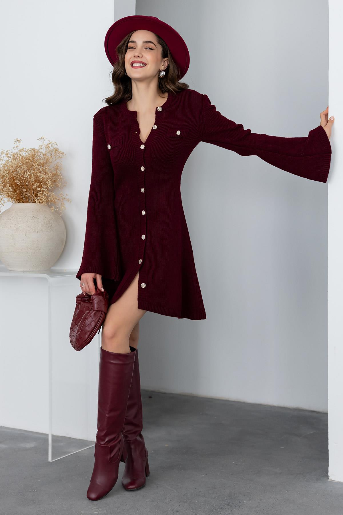 Spanish Sleeve Knit Dress - DARK RED