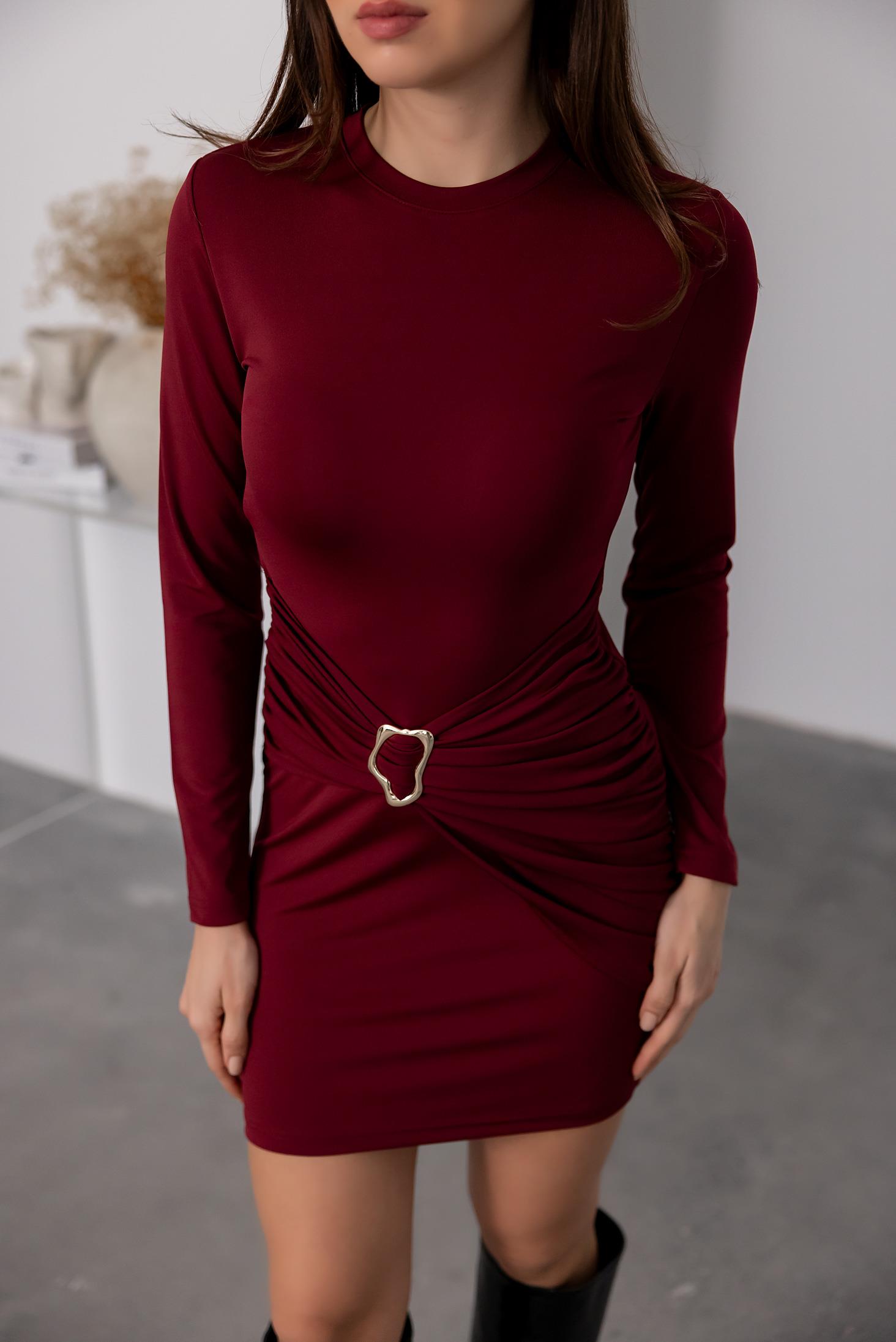 Waist Buckle Mini Dress - CLARET RED