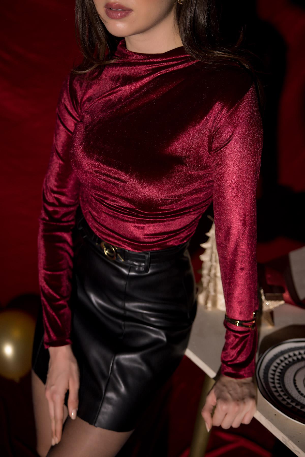 Claret Red Pleated Velvet Crop Blouse - CLARET RED