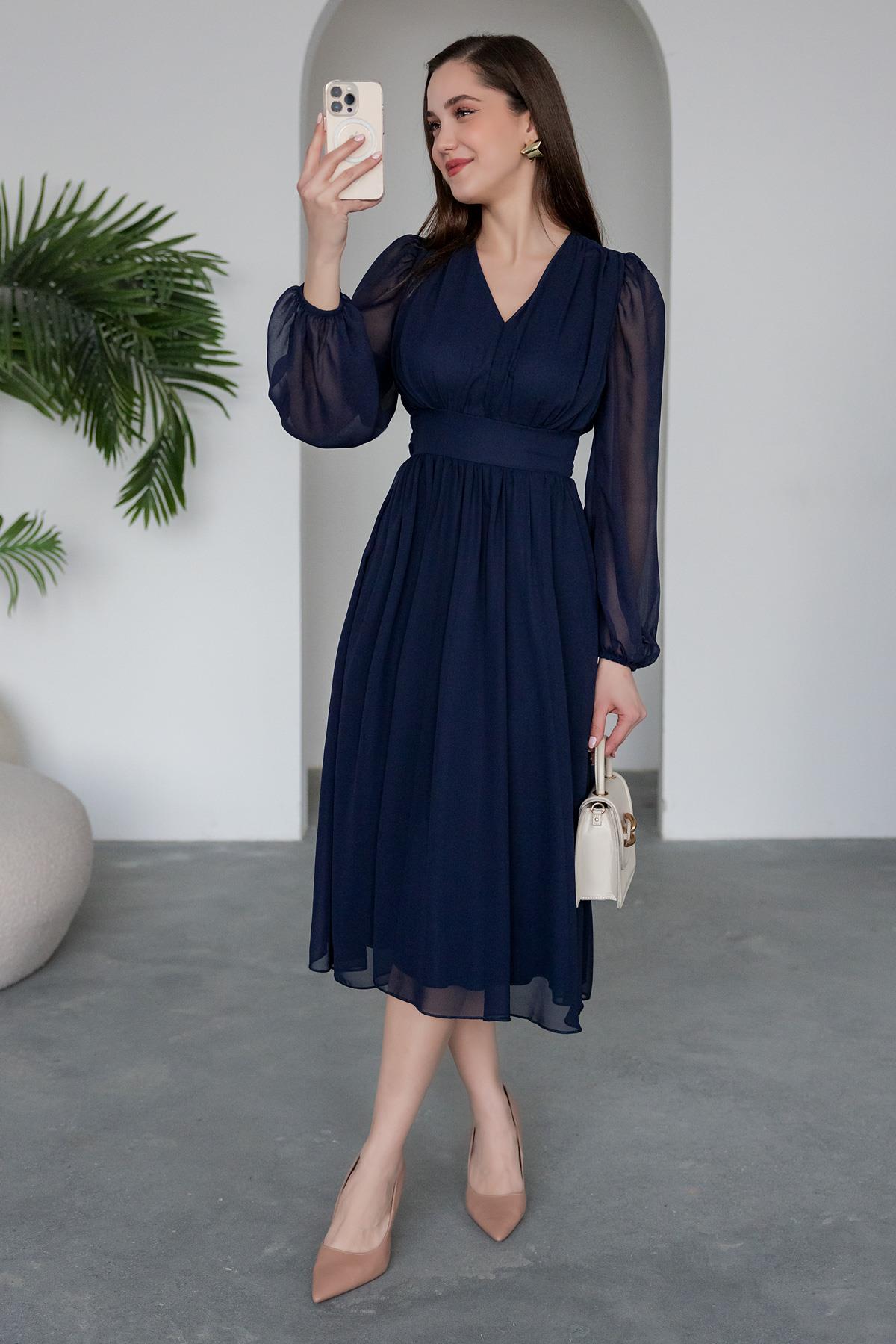 V Neck Chiffon Dress - NAVY BLUE