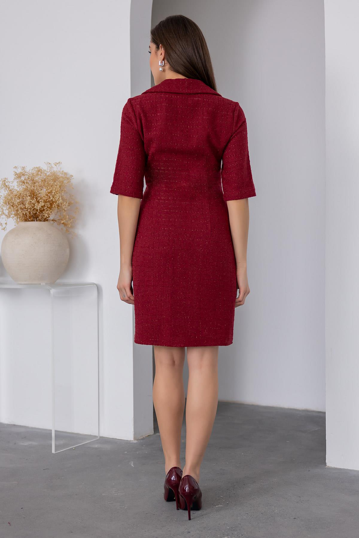 Pearl Buttoned Tweed Dress - Dark red