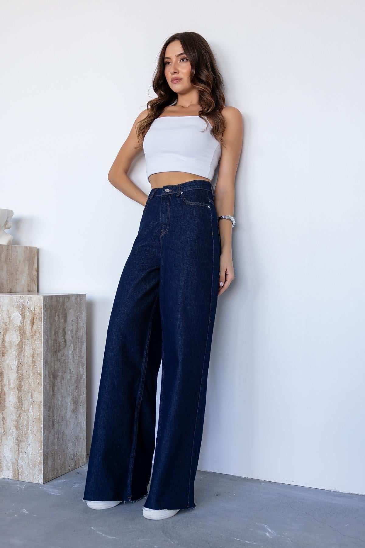 Wide Leg Denim Pants - NAVY BLUE