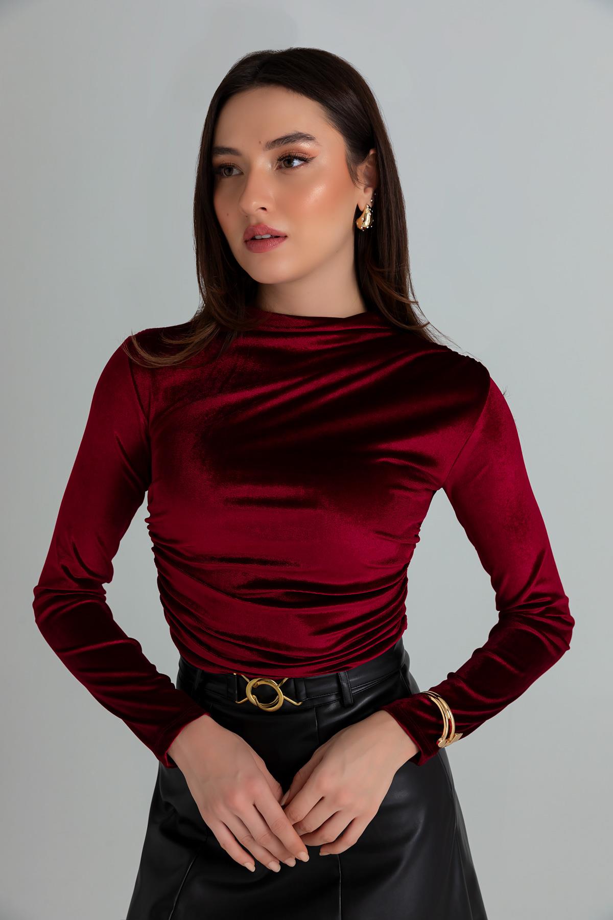 Claret Red Pleated Velvet Crop Blouse - CLARET RED