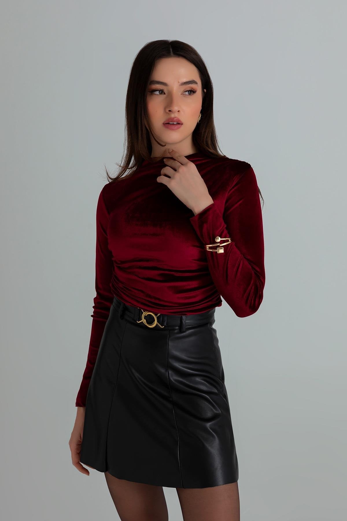 Claret Red Pleated Velvet Crop Blouse - CLARET RED