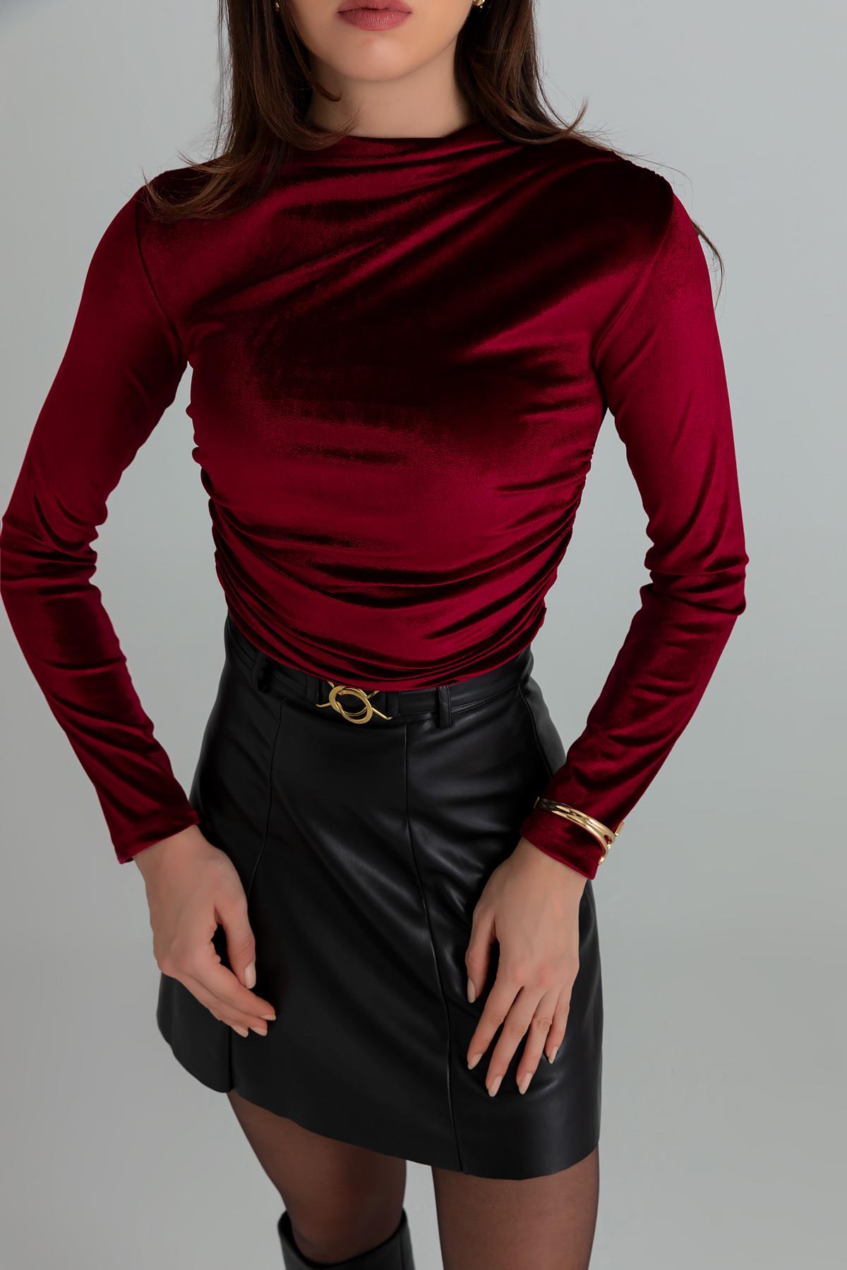 Claret Red Pleated Velvet Crop Blouse - CLARET RED