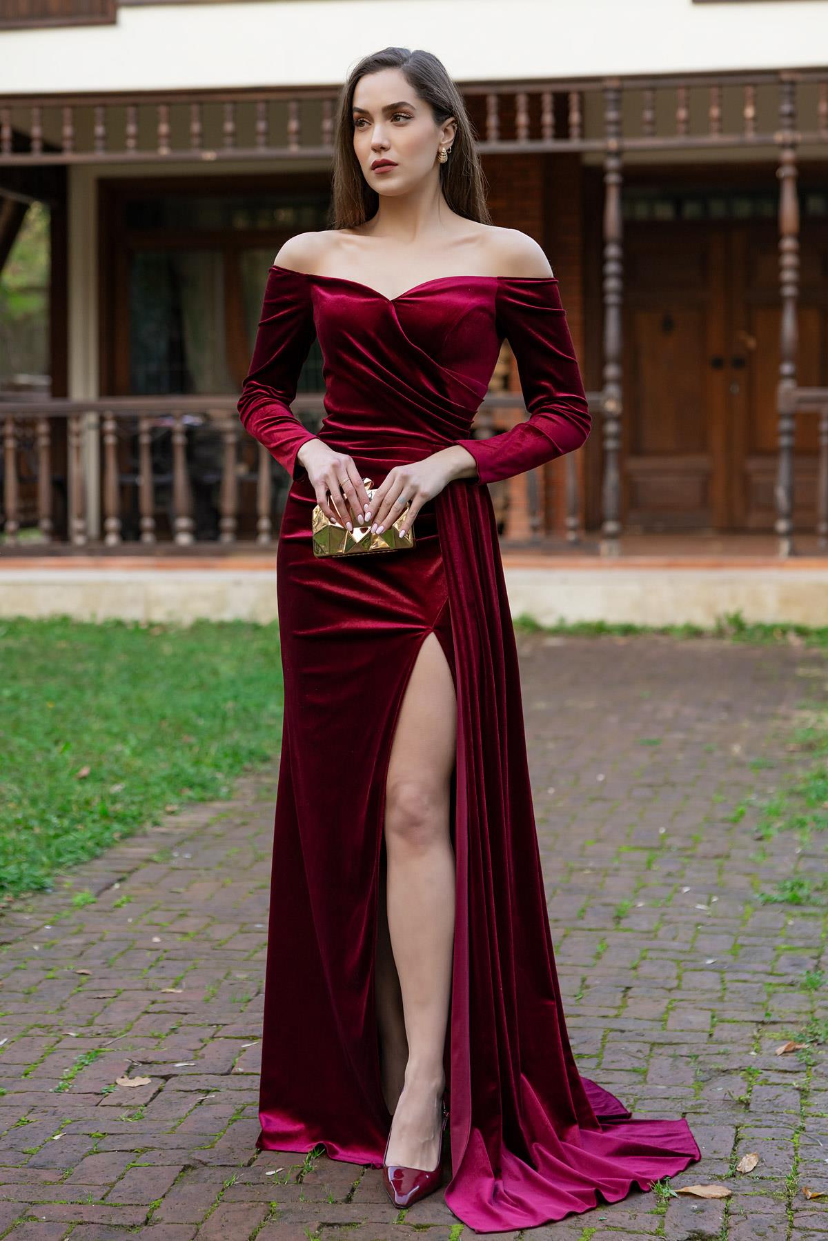 Velvet Evening Dress with Tail - CLARET RED