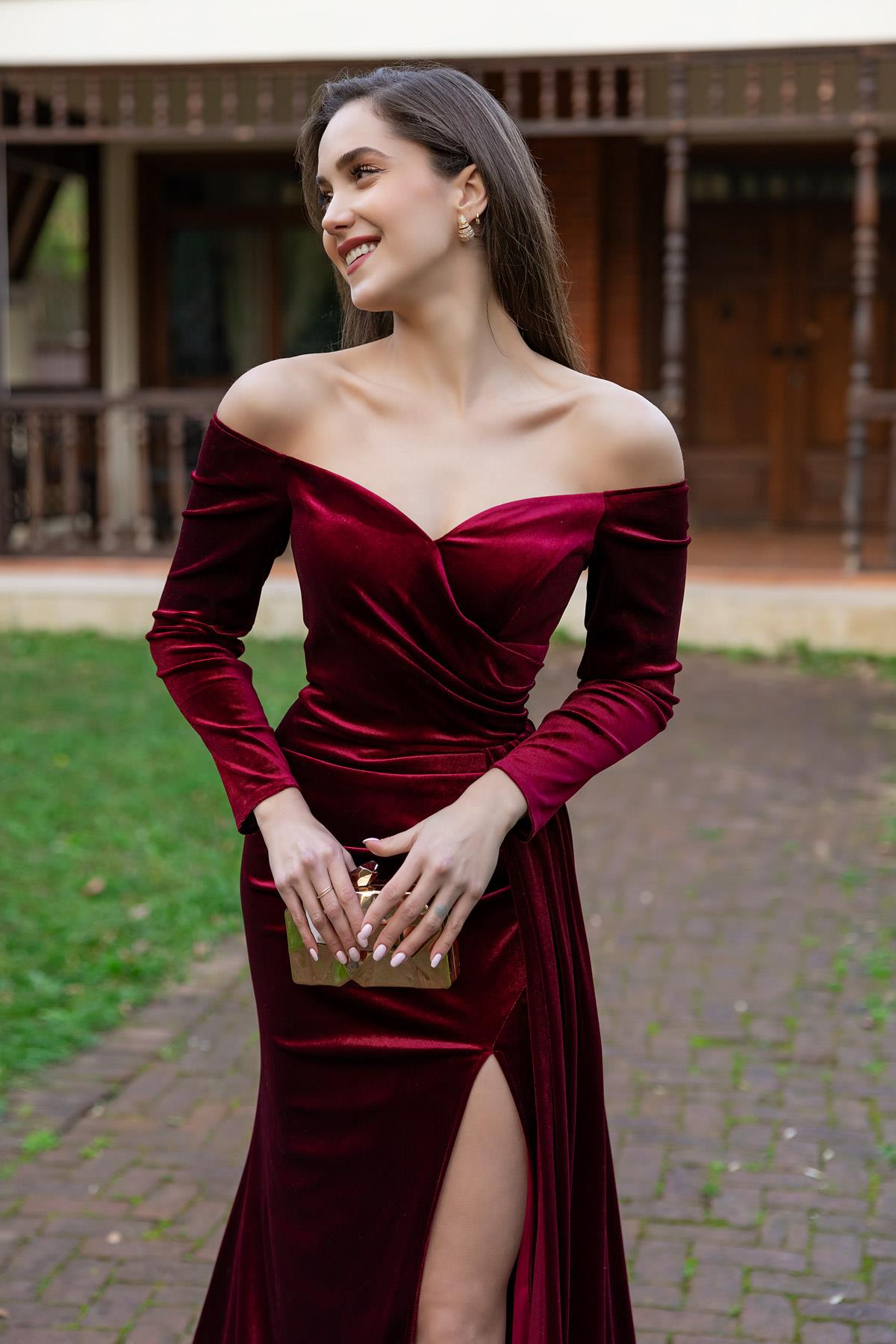 Velvet Evening Dress with Tail - CLARET RED