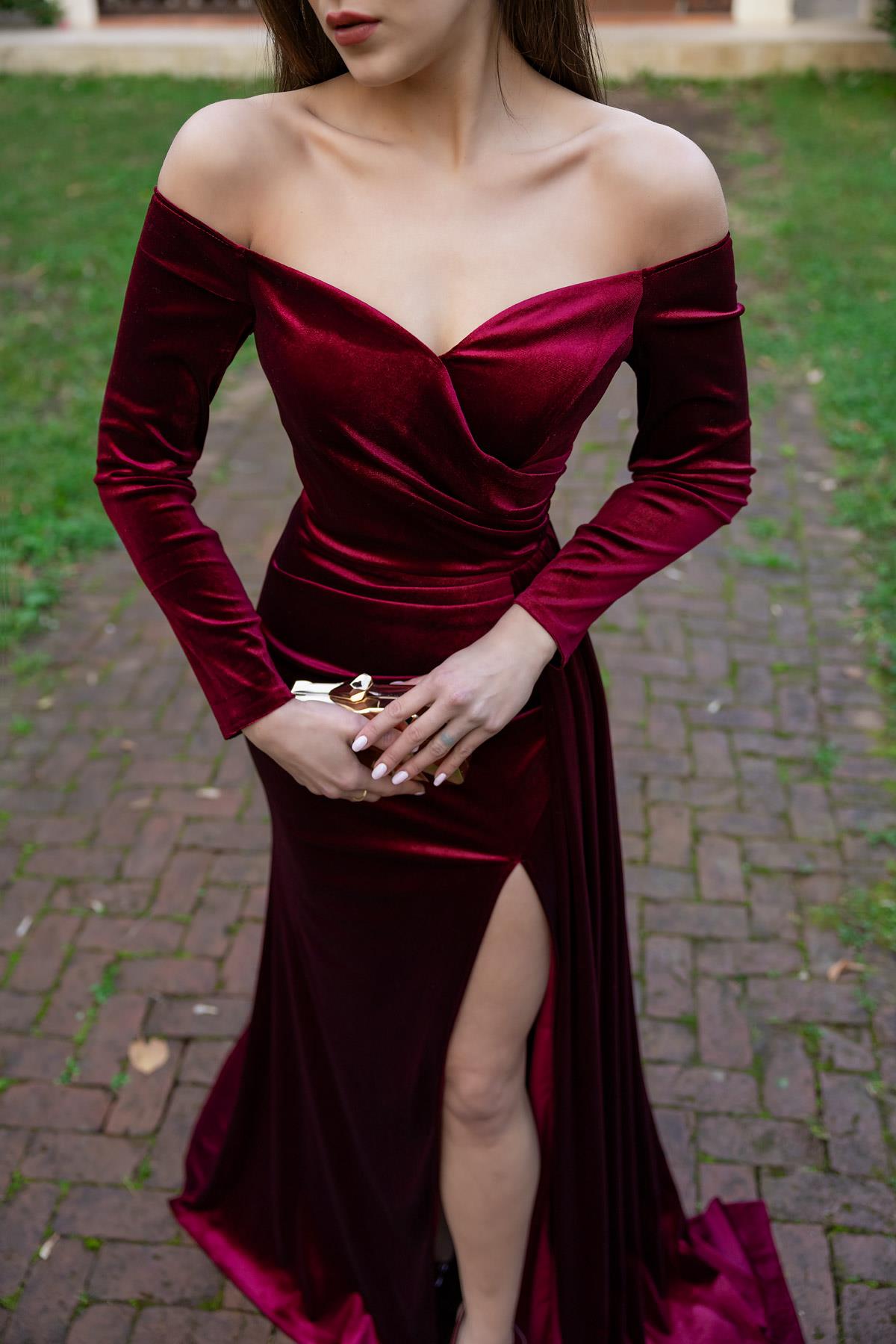 Velvet Evening Dress with Tail - CLARET RED