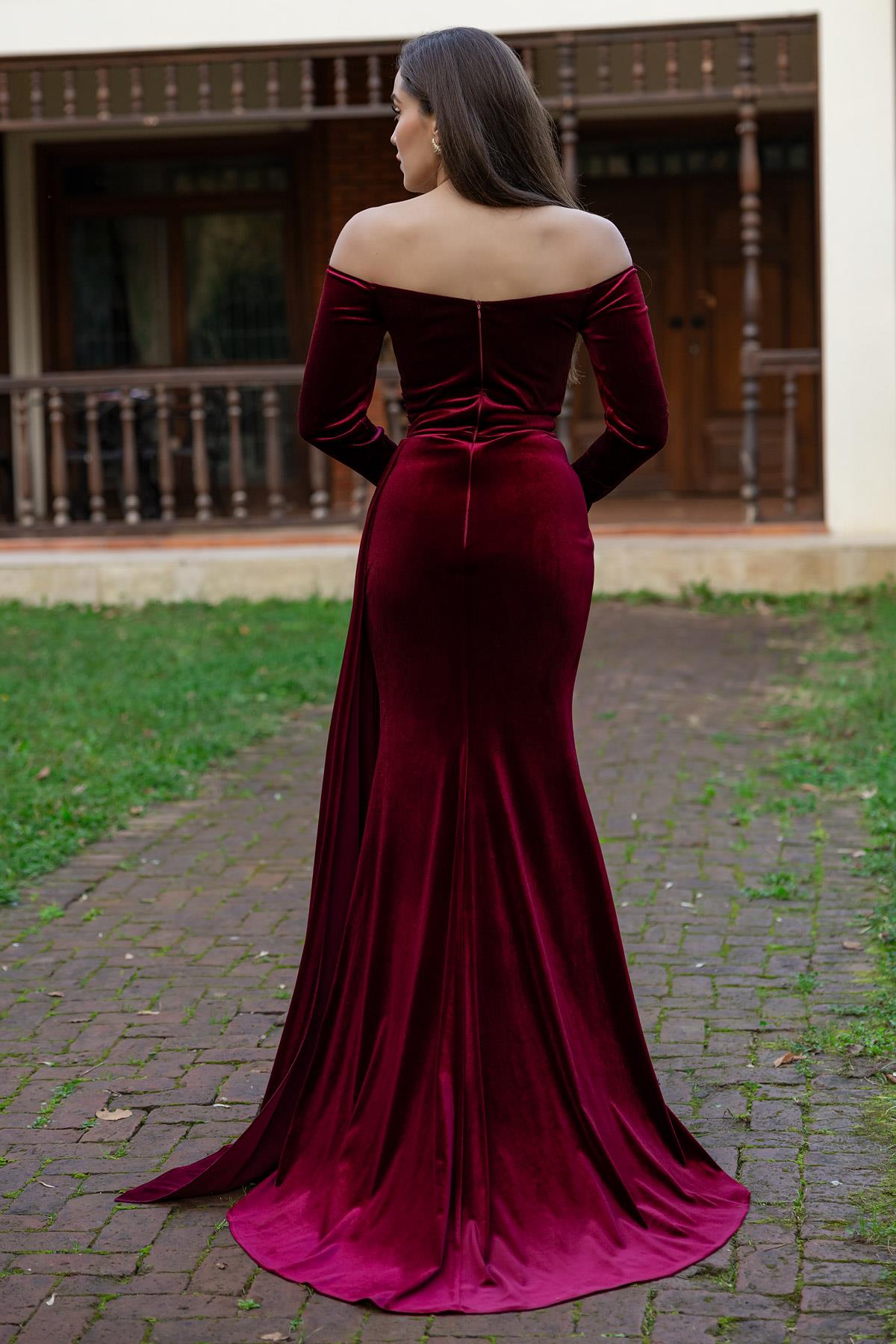 Velvet Evening Dress with Tail - CLARET RED