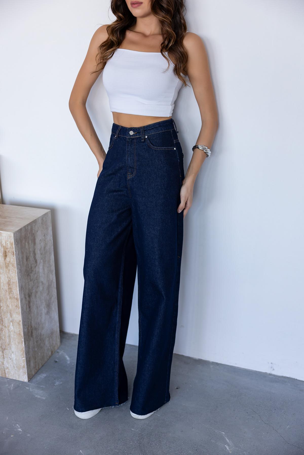 Wide Leg Denim Pants - NAVY BLUE