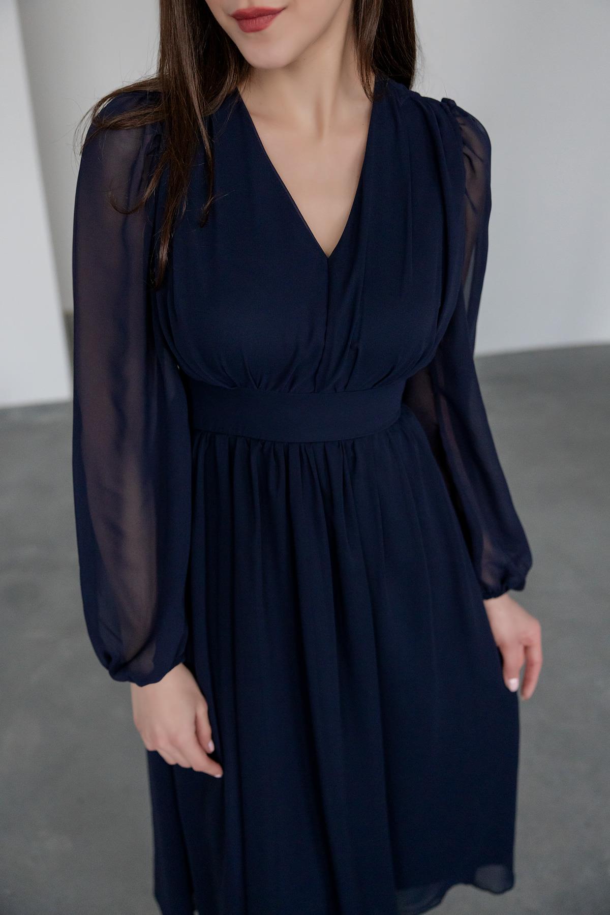 V Neck Chiffon Dress - NAVY BLUE