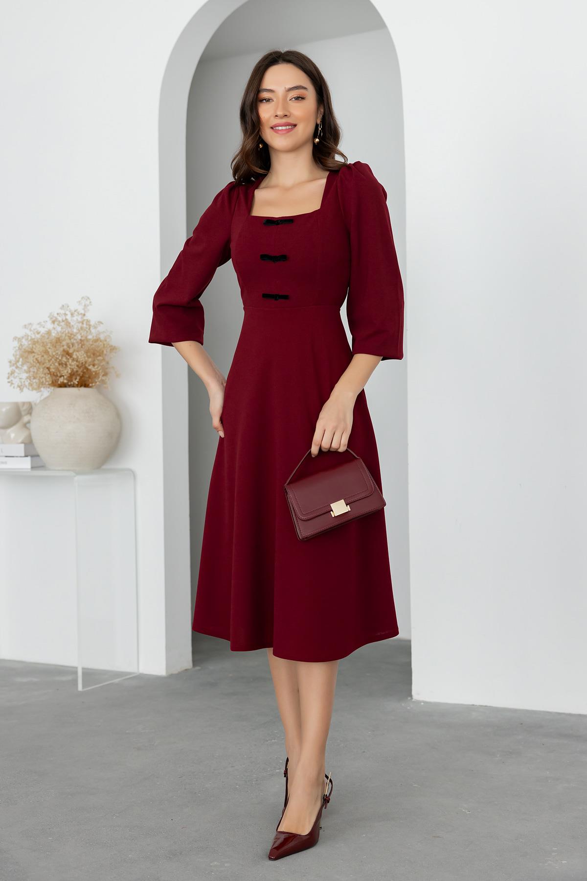 Ribbon Detail Midi Dress - Claret Red