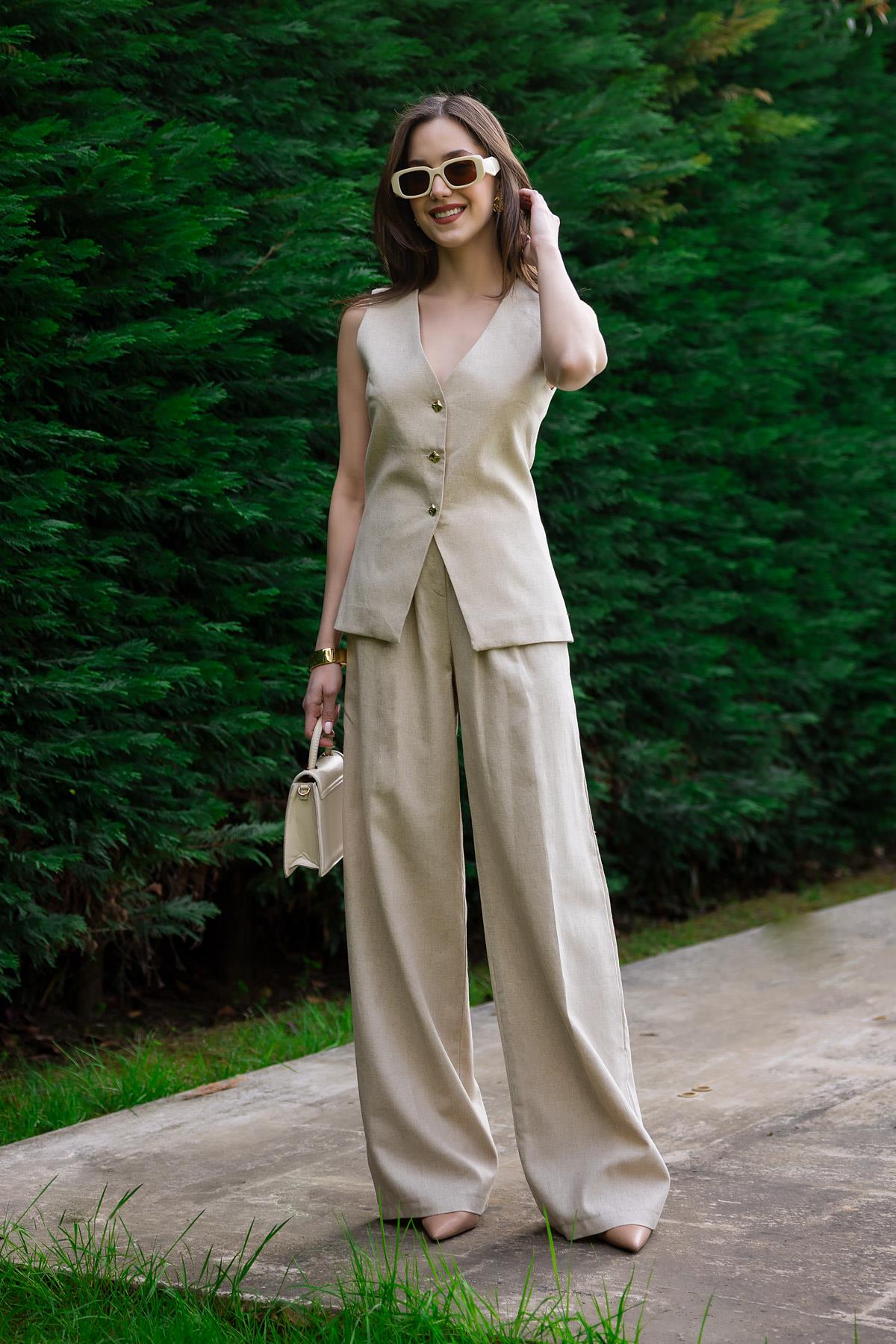 Linen Vest Trouser Set - BEIGE