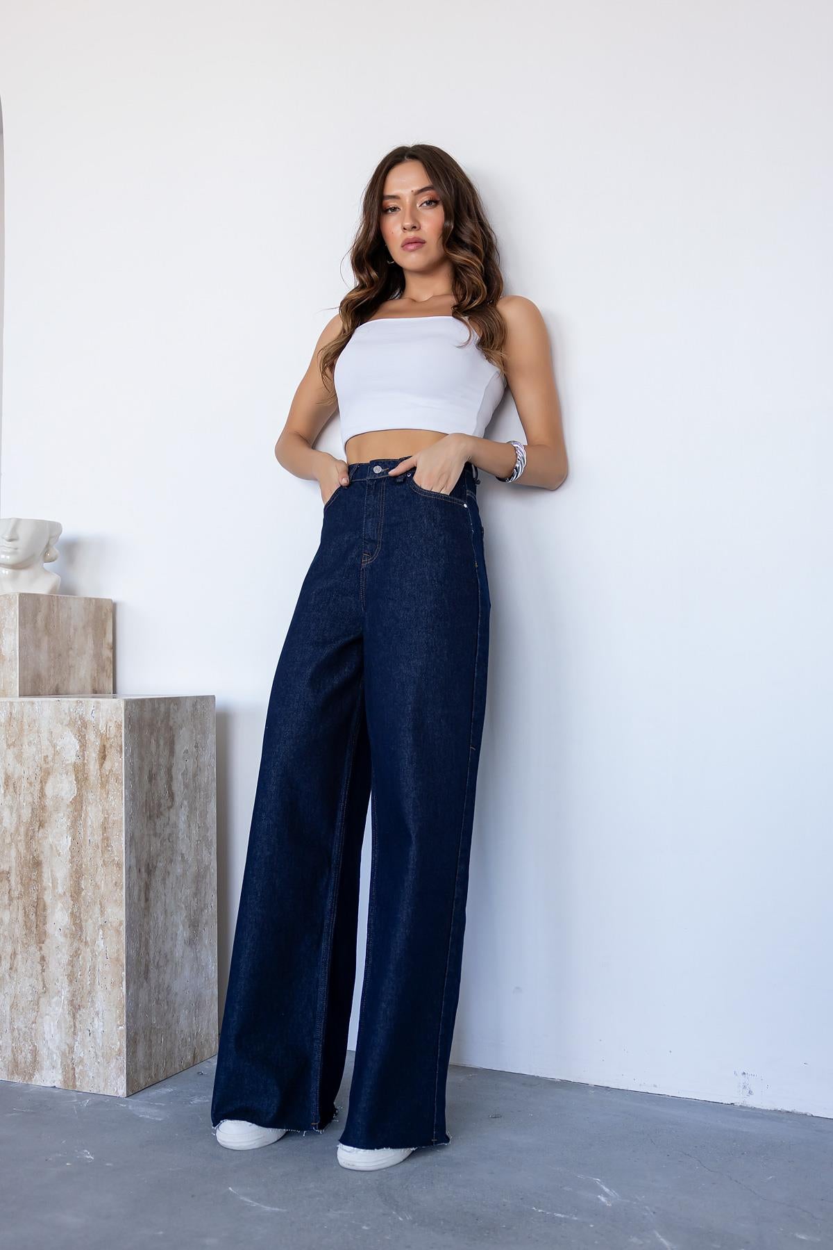 Wide Leg Denim Pants - NAVY BLUE