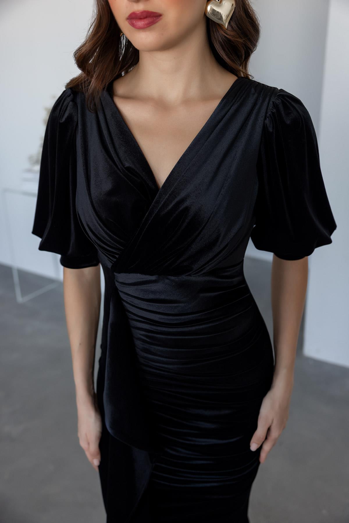 Double-breasted Velvet Evening Dress - BLACK