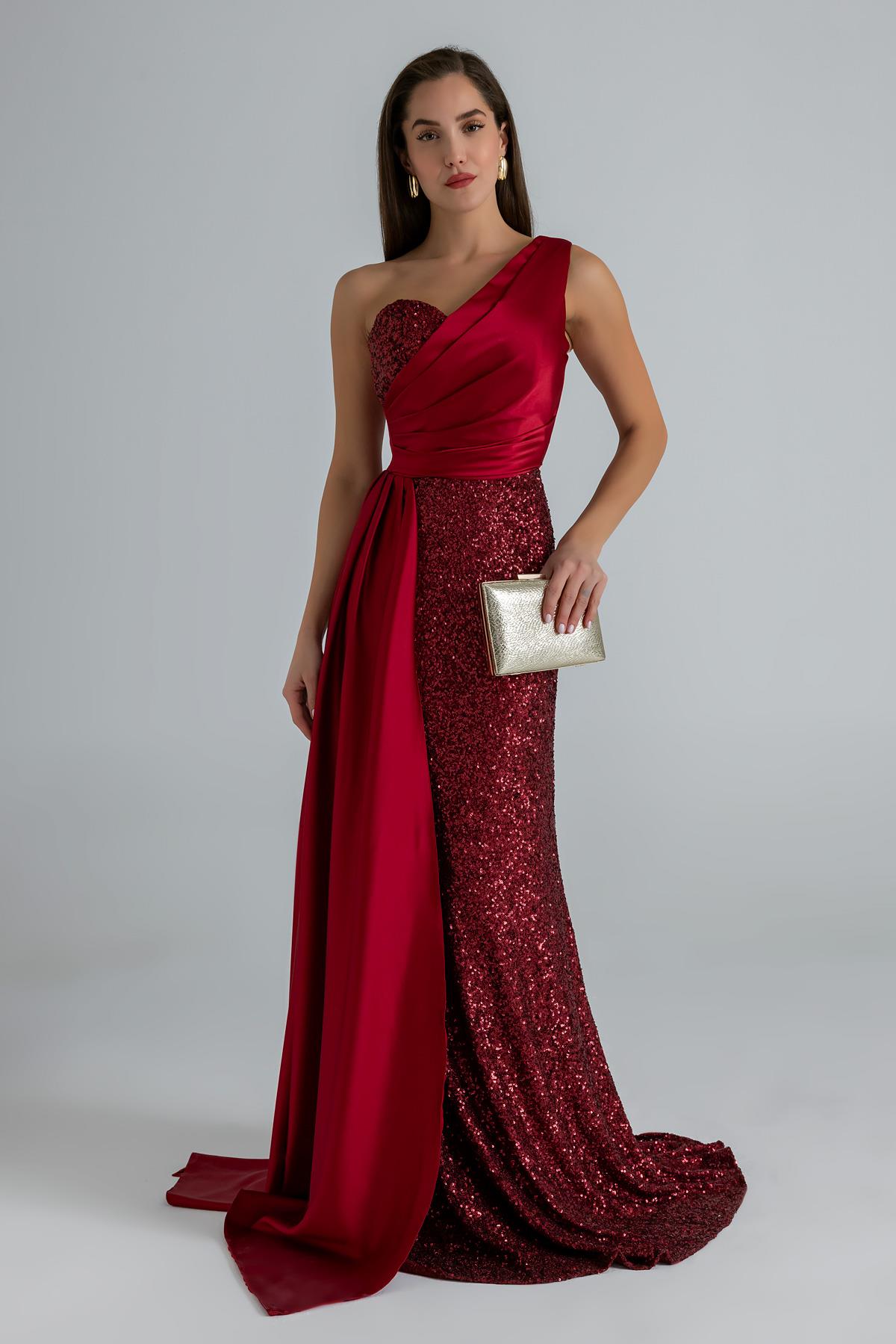 Sequined Satin Detail Evening Dress - DARK RED