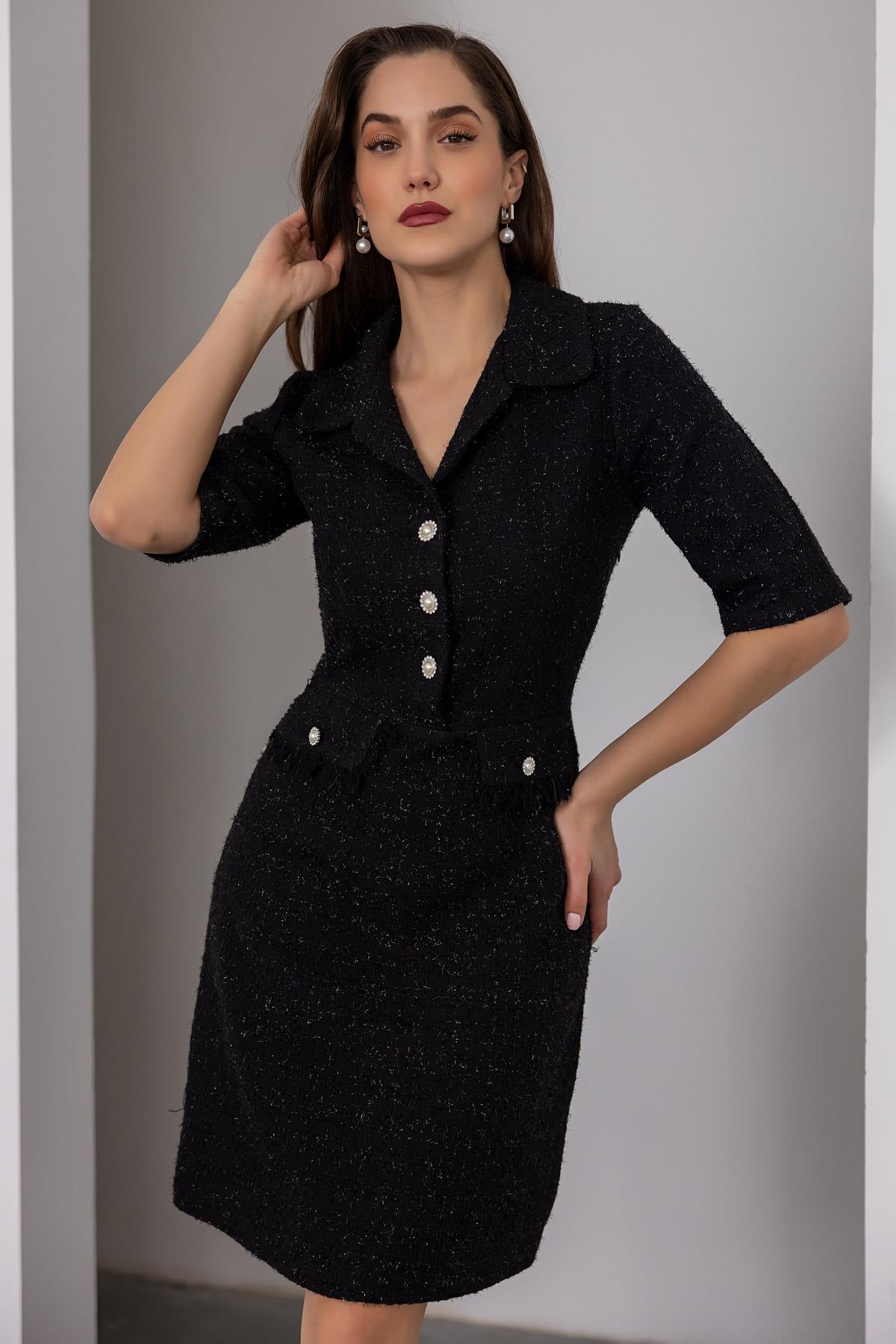 Pearl Buttoned Tweed Dress - BLACK