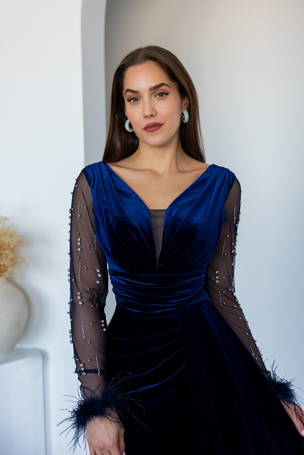 Velvet Evening Dress with Sleeve Feathers - NAVY BLUE