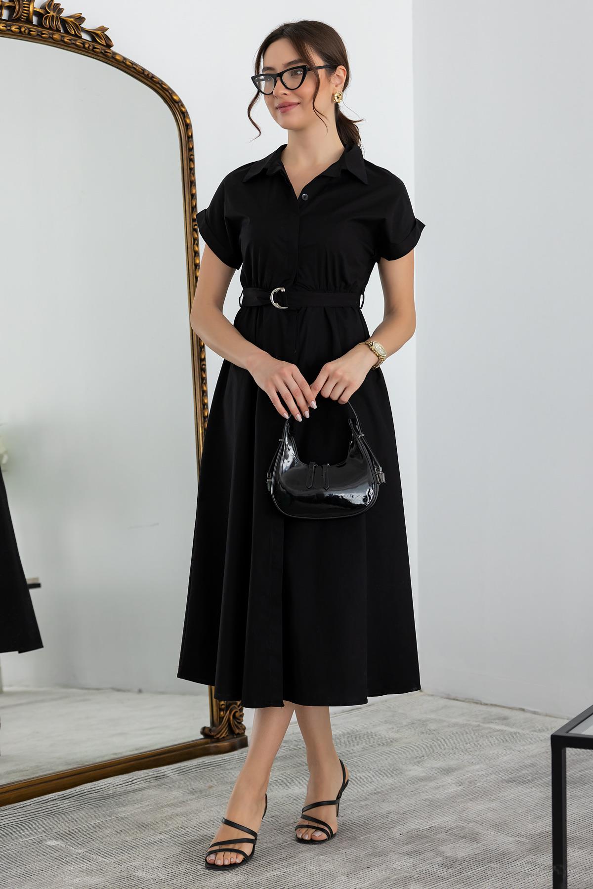Poplin Shirt Dress - BLACK
