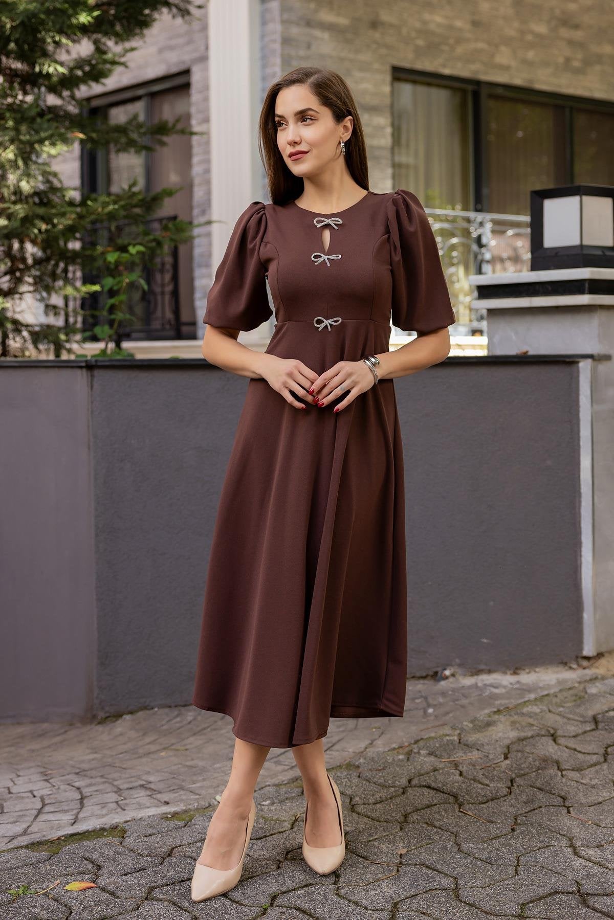 Midi Length Dress - BROWN