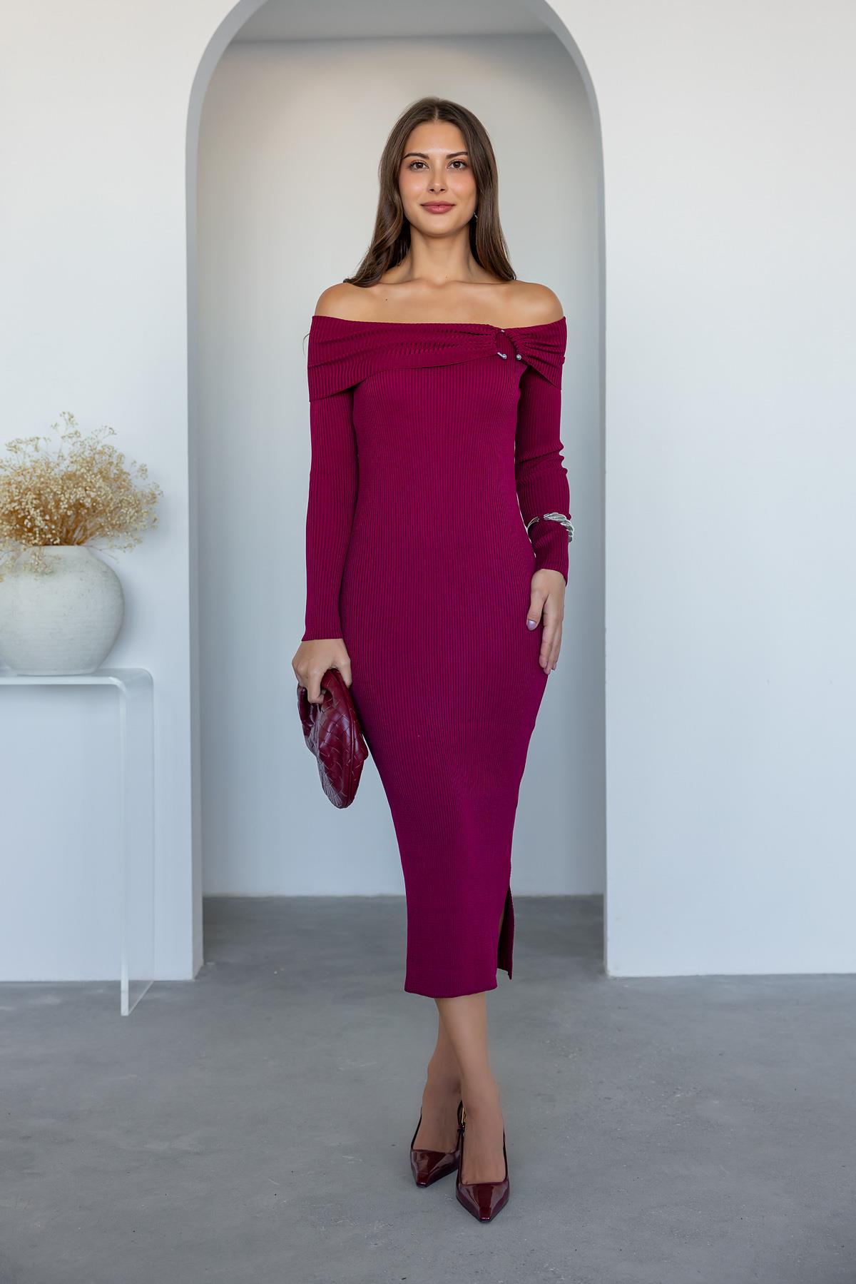 Neck Detail Knitted Dress - DARK RED