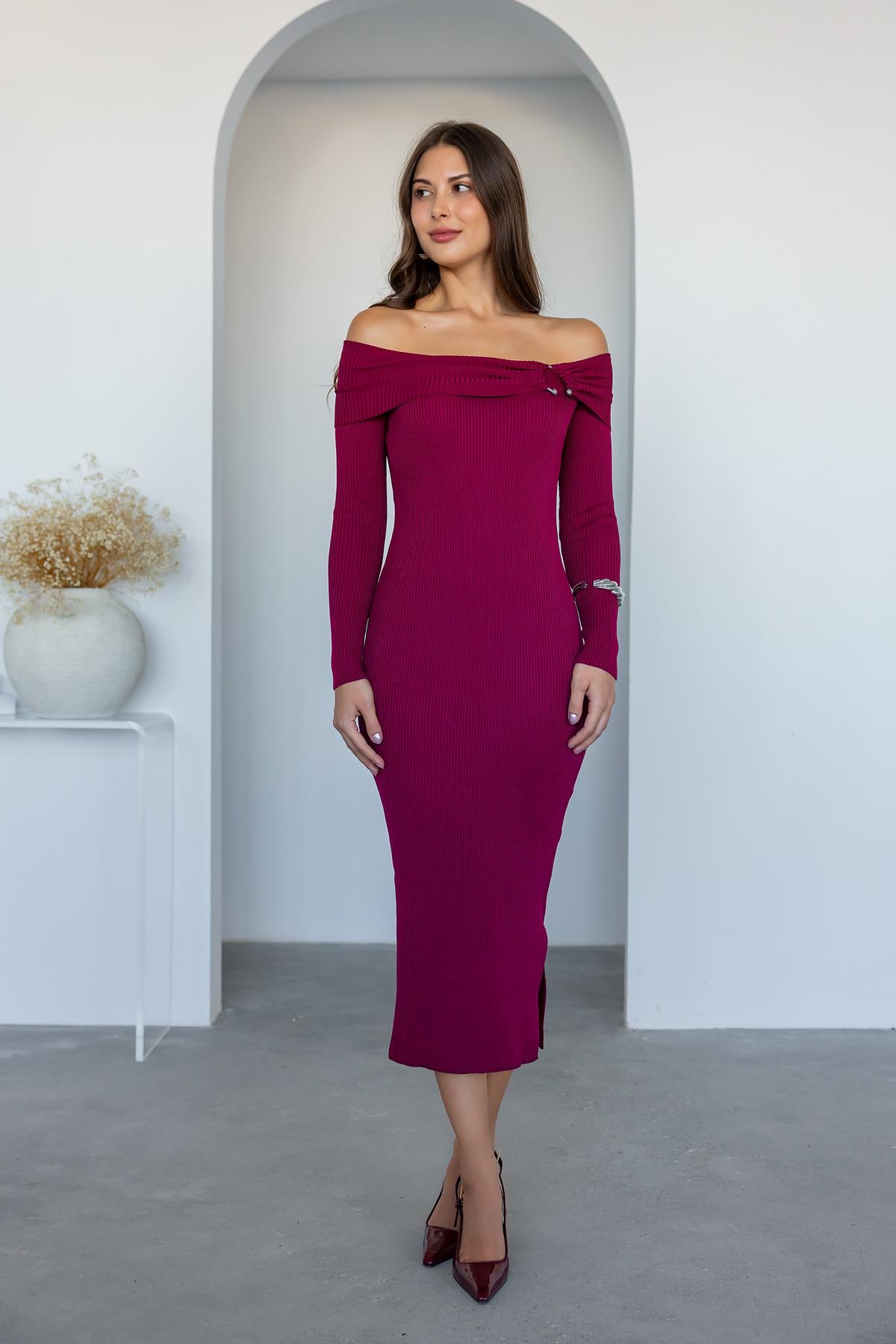 Neck Detail Knitted Dress - DARK RED