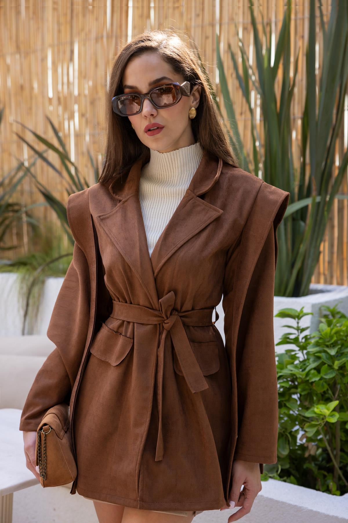 Suede Belted Jacket - BROWN